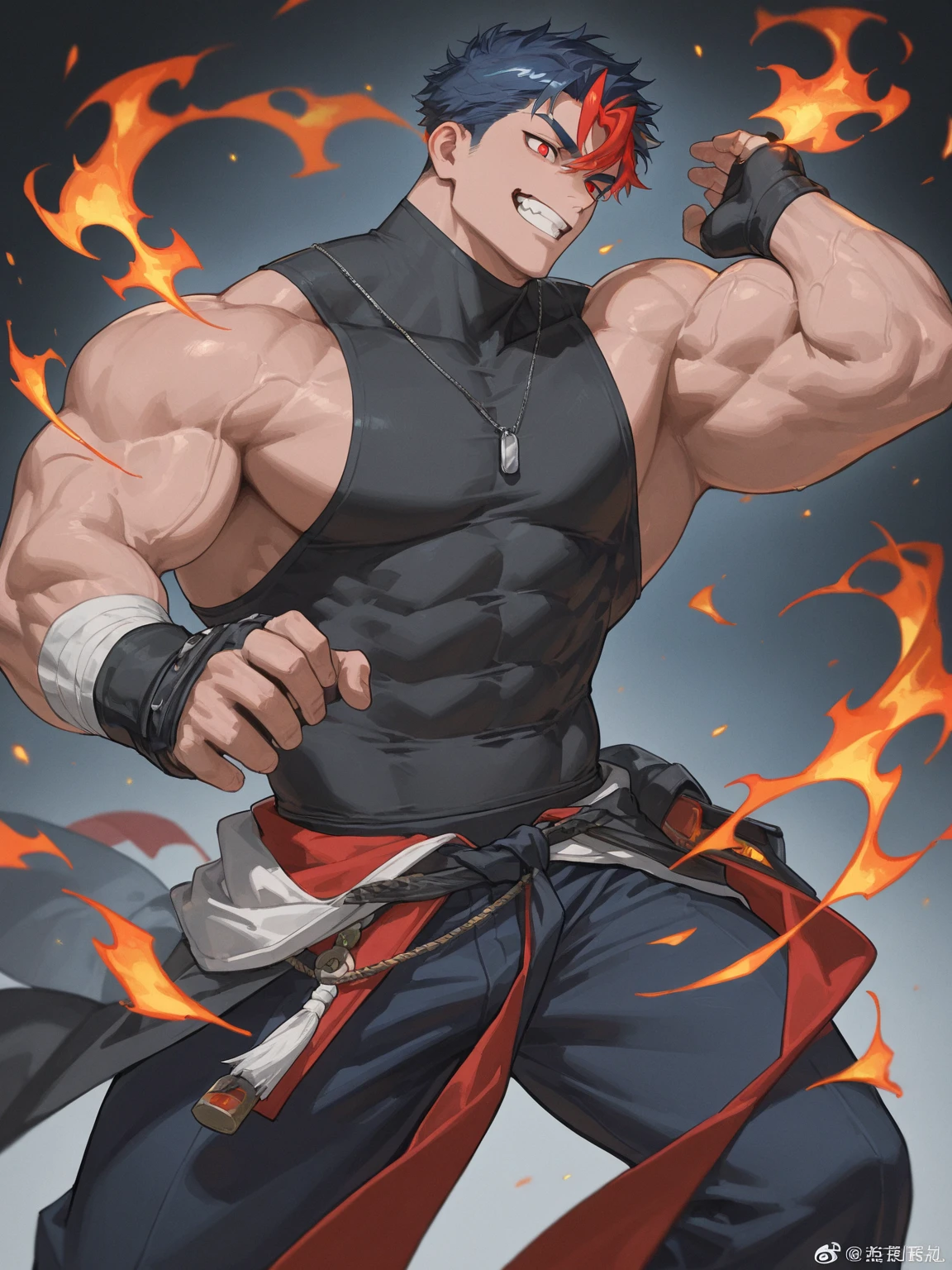 1boy, headband, jacket, scarf, gloves, pants, flexing, angry, open mouth, screaming, (punching:1.1), metropolis, day, spotlight, hard light, from below, foreshortening, solo, focus, extremely muscular masculine character, flame hair, huge bulge, 8 pack abs, erotic,