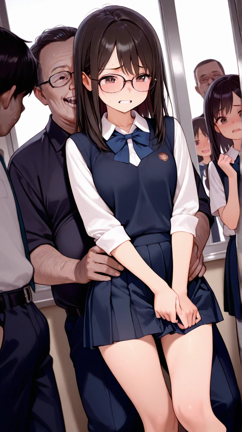 NSFW,masterpiece,Highest quality,High resolution,Super detailed,Yukinoshita Yukino\(My Youth Romantic Comedy is Wrong as Expected\),Black Hair,Long Hair,Light blue eyes,uniform,mini skirt,High quality lace open crotch ,Small breastsisfied face,Embarrassed,blush,(Ecstasy face),the train,(Middle-aged men),(Being molested),Being touched,Being fingered,(Squirting)