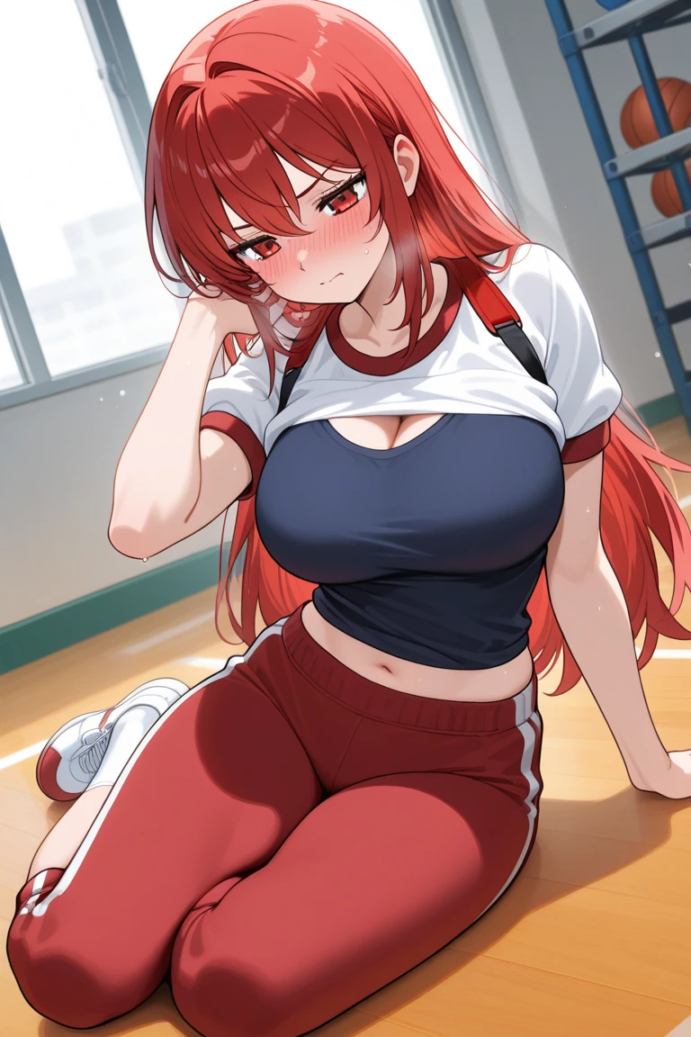((Masterpiece)), ((Best Quality)), (Ultra-detailed), ((kawaii)), Cute, (Lovely), ((Sexy)), (Ero), ((Extremely detailed)), 4K, (8K), Best Quality, (Beautiful), realistic, real, anime illustration, Anime style, Painting, full body, have a certain air of s, Dynamic Angle, cowboy shot, gym storeroom like a drama, sit on, (spread one's legs), gradation, full body focus, a cute girl, 12yo girl, 1girl, (Solo), (gym uniform:1.2), (see-through), beautiful anime face, (beautiful Red hair color), (random color eyes), ((Beautiful eyes)), random hair style, (White-skinned:1.3), (huge breasts:1.3), Erect nipples, (sweat), (smirk), grin, (blush:1.5), opening, sparkling effect, Lens Flare, shiny-glistening, gleaming