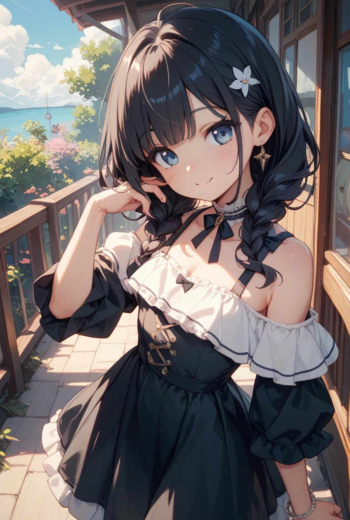 (maid suit, fluttering dress, The wind is blowing, dress flipped up, I can see your underwear, dress that flipped in the wind, dress billowing, I can see your underwear, wind lift:1.2), port, (clear water, gemstone sea:1.2), Ship in the distance, The trails that planes make, blue sky, Sunshine, street in the distance,