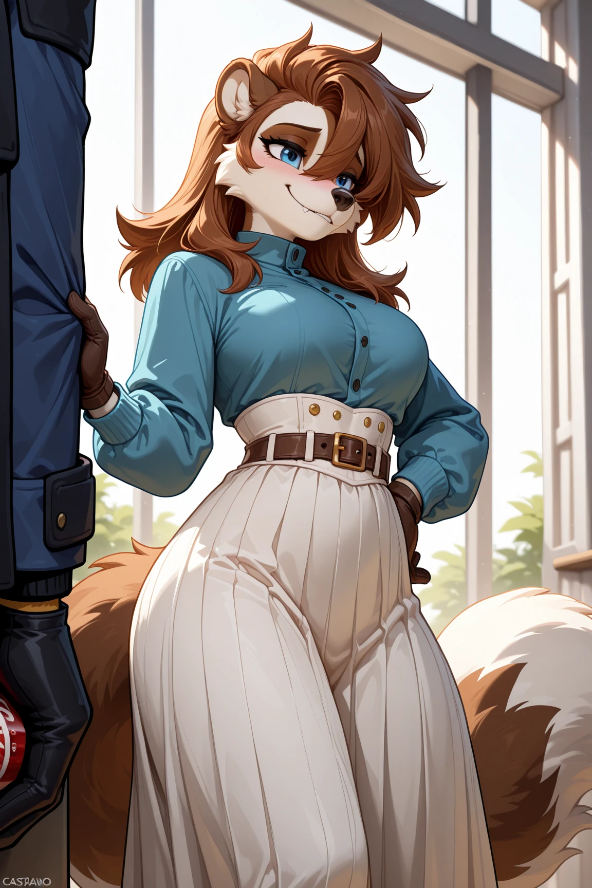 Solo, anthro, female, (((siamese))), feline, glasses, ((red glasses)), muscular, smirking, blue eyes, detailed eyes, ((by bebebebebe)), by buta99, by pgm300, by kishibe, by suurin 2, by sindoll, hair, brown hair, wavy hair, facing viewer, golden hour, black leggings, cameltoe, cleavage, cropped sweater, blue turtleneck, alleyway, plants, hands behind back