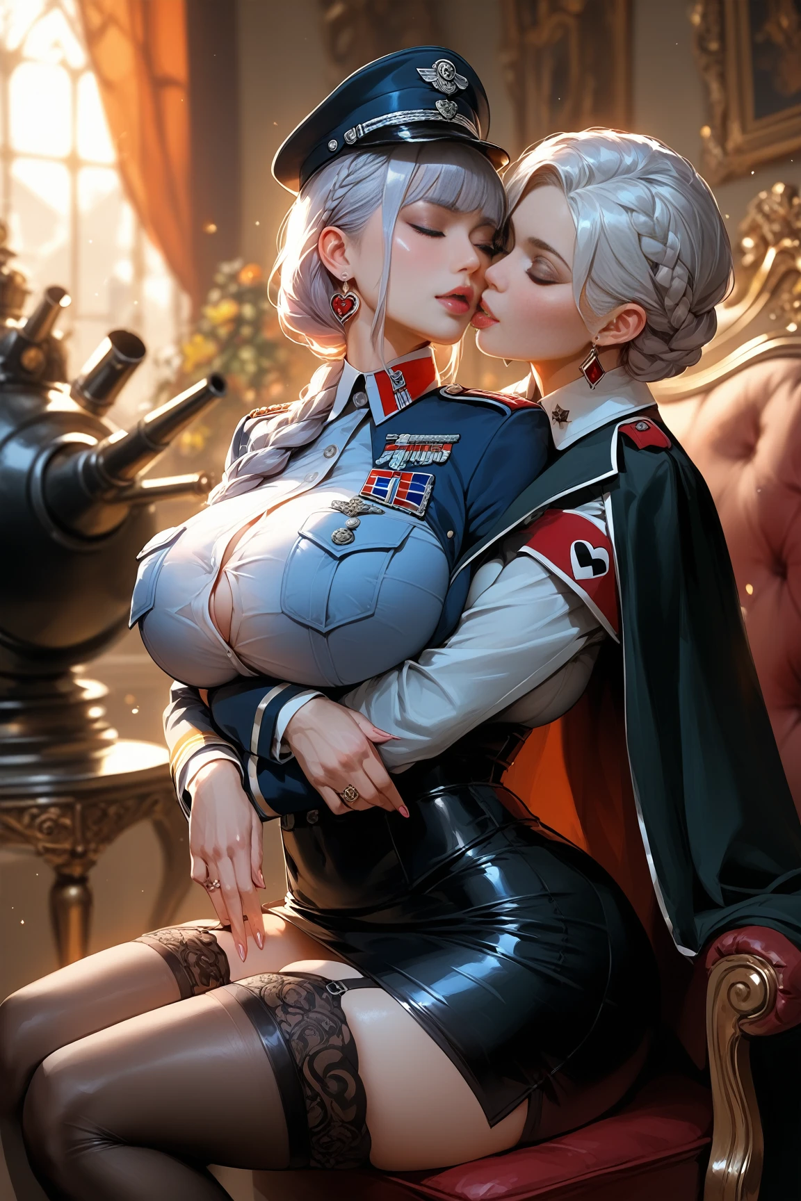 masterpiece, best quality, Selvaria Bless (long white hair) french kiss to Roxanne (Demikin fluffy dog ears) 2girlskiss (Selvaria and Roxanne french kiss each other) kissing each other, red bennie, sitting full body on bed clenched fists hands on waist, strong abs