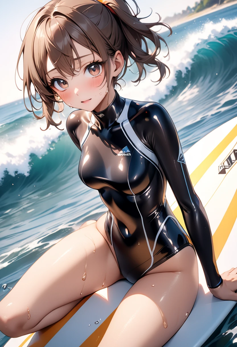 (Surfing woman), (((wetsuit))), ((Shiny Costumes)), skindentation, skinny, solo, 1 woman, Masterpiece, highest quality, highest quality, 16K, incredibly absurd, highly detailed, 2.5D, ai-generated, delicate and dynamic, very delicate facial expressions, delicate eye depiction, erotic, only sexy woman, ((A cute and kind face)), healthy figure, ((25-year-old woman)), 160cm tall, medium firm swaying bust,, blush, Sweat,Embarrassed,sexy, ((thin thighs)), (camel toe:0.7), (visible nipples:0.3), (Erect nipples,:0.7), shiny and lustrous, facing straight at viewer, (((in heat))), ((Oily_skin)), ((Lots of sweat)), (((Brown Skin))), ((dutch angle)), ((erotic pose)), (((Surfing in the midsummer sea))), (((Riding a surfboard))),