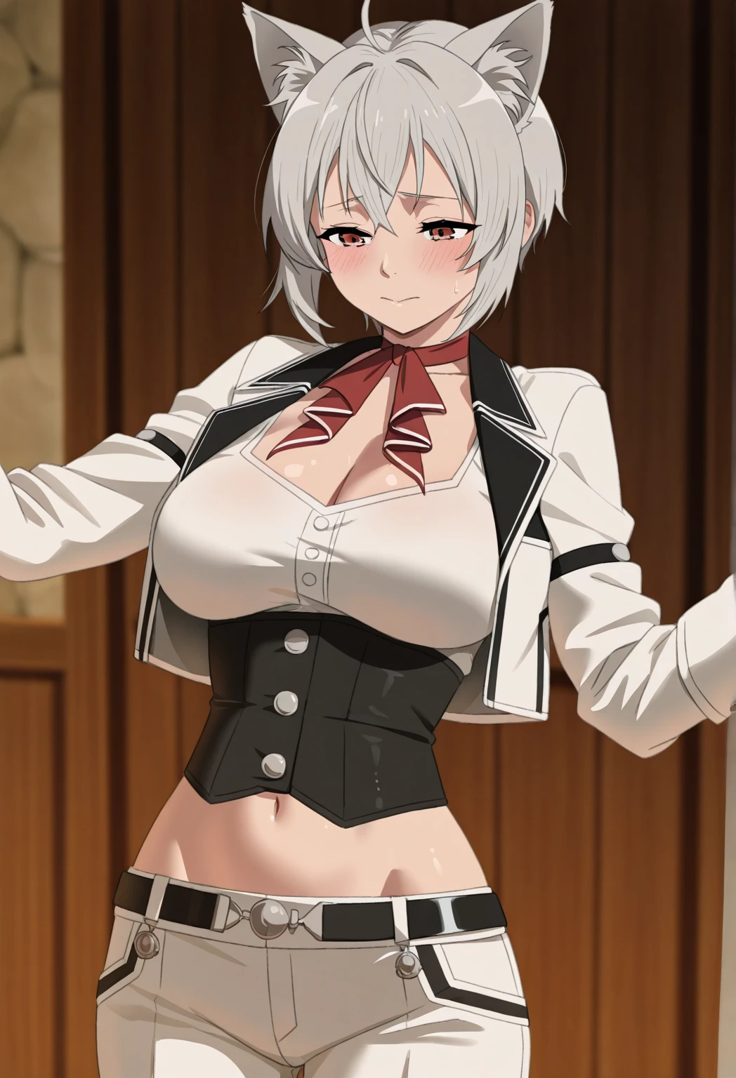 masterpiece, best quality, AliceKV4, 1girl, solo, looking at viewer, smile, parody, anime coloring, standing, crossed arms, ((((upper body)))), blushed, bra, healthy skin