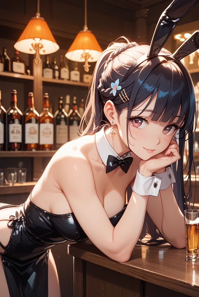 Girl、smile、Bunny girl、Bunny ears headband、Fishnet tights、Long Black Hair、sexy、bar counter、Colourful wine bottles