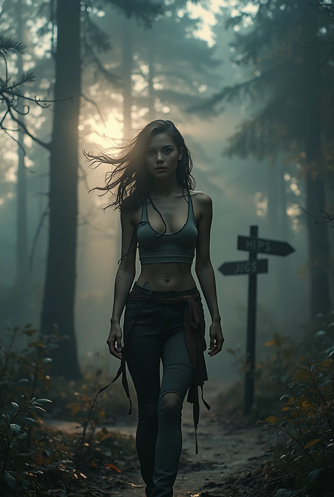 An extremely beautiful, cute, athletic blonde white woman with medium sized breasts who looks like Emma Watson is walking alone in a very dark forest. She is wearing a revealing, tiny see through translucent dress. and her breasts and vagina are clearly visible. She is otherwise naked. She is not wearing a bra or panties. She is carrying a large backpack. She is wearing a gun in a holster belt across her waist. Closeup