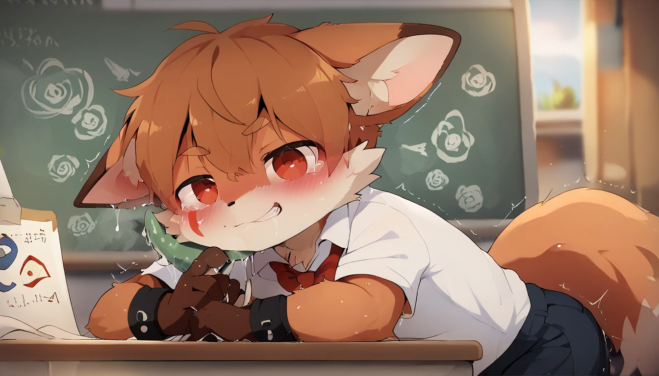 A shota fox gay with Orange fur and dark green eyes, having sex with classmate, school background 