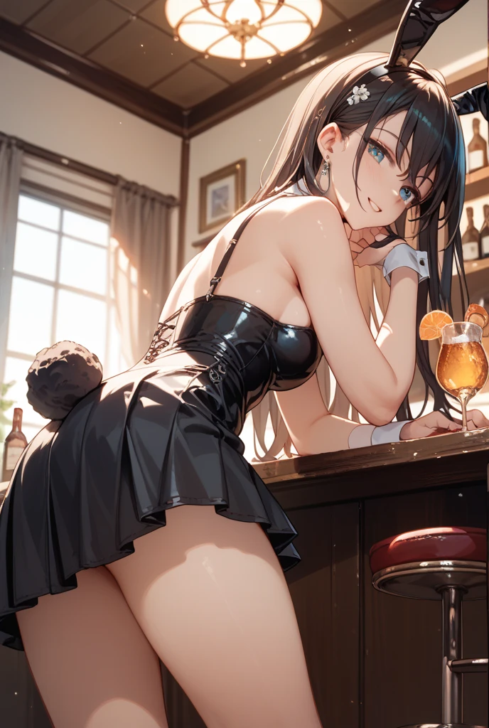 (from above:1.1),(from front:0.9), ((Face)), (Close-Up:0.4), masterpiece,"A 22-year-old girl stands at a bar counter, black hair, hair ornament, red eyes, thighhighs, gloves, dress, holding, bare shoulders, jewelry, standing, weapon, flower, sidelocks, hairband, earrings, boots, black gloves, black thighhighs, hair flower, She is dressed in a stylish off-shoulder dress, sweater dress, off-shoulder sweater, red sweater,garter stocking, cleavage:1.1, black skirts, black thighhighs, thigh strap, pretty girl, (highly detailed beautiful face and eyes,firm breasts),real skin,((black,hair,long pony tail hair)),thin pubic hair,cute and lovely pose, detailed eyes, This masterpiece is only visually stunning but also tells,(double breasted:0.6,under bust:0.6),(with sparkling eyes and a contagious smile),open mouth, The bar is beautiful, with colorful bottles of alcohol in the background and a soft glow from neon lights. The atmosphere is relaxed, and the girl looks confident and fashionable.",full body, sexy pose,make a cocktail , in a bar counter, Looking at Viewer,