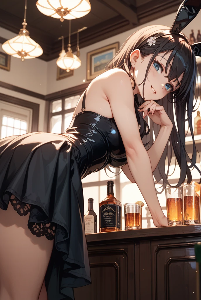 ((masterpiece,Highest quality:1.3,best quality illustration,realistic:1.3)),cowboy shot,独奏,1woman,(20-year-old、Japanese Beauty)、brown hair,long hair,center parted bangs,brown eyes,gorgeous eyes,((very small head:1.3)),tears,Heavy breathing,((very long body:1.2,skinny)),medium breasts,(tan skin:1.5), (gleaming skin,toned body,slender body),sweat,(Black sleeveless dress、Black pleated mini skirt)、Luxurious party venue、