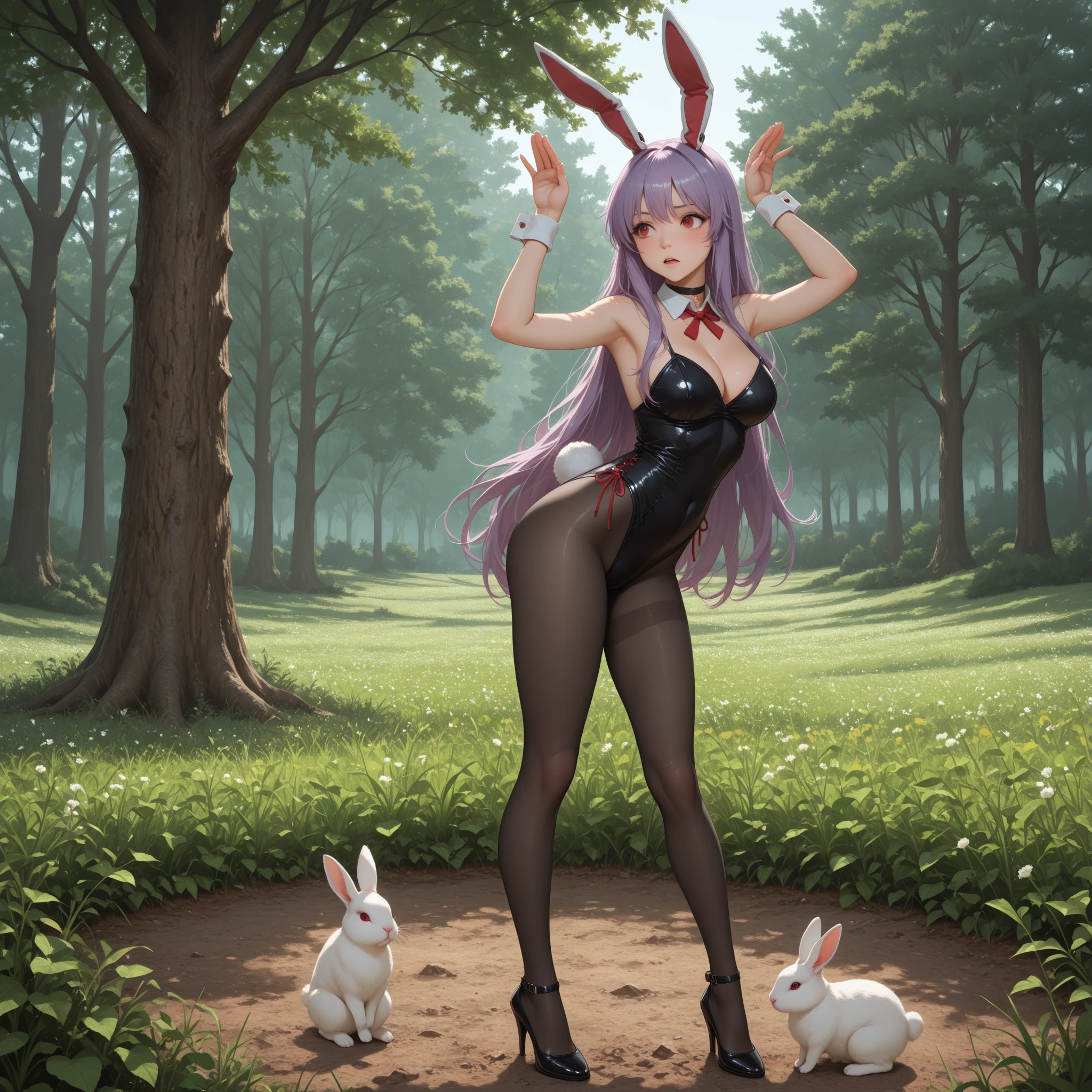 Who has a cosplay bunny costume and and around him Hear flowers and be looking at the camera that looks good your body that looks good pictures of crona 2.5D Anime realisti that your face and your eyes that are well formed your hands that if they come out well formed is lying down has your butt up and has your hands on the floor is doing the jack-o pose that your legs come out well