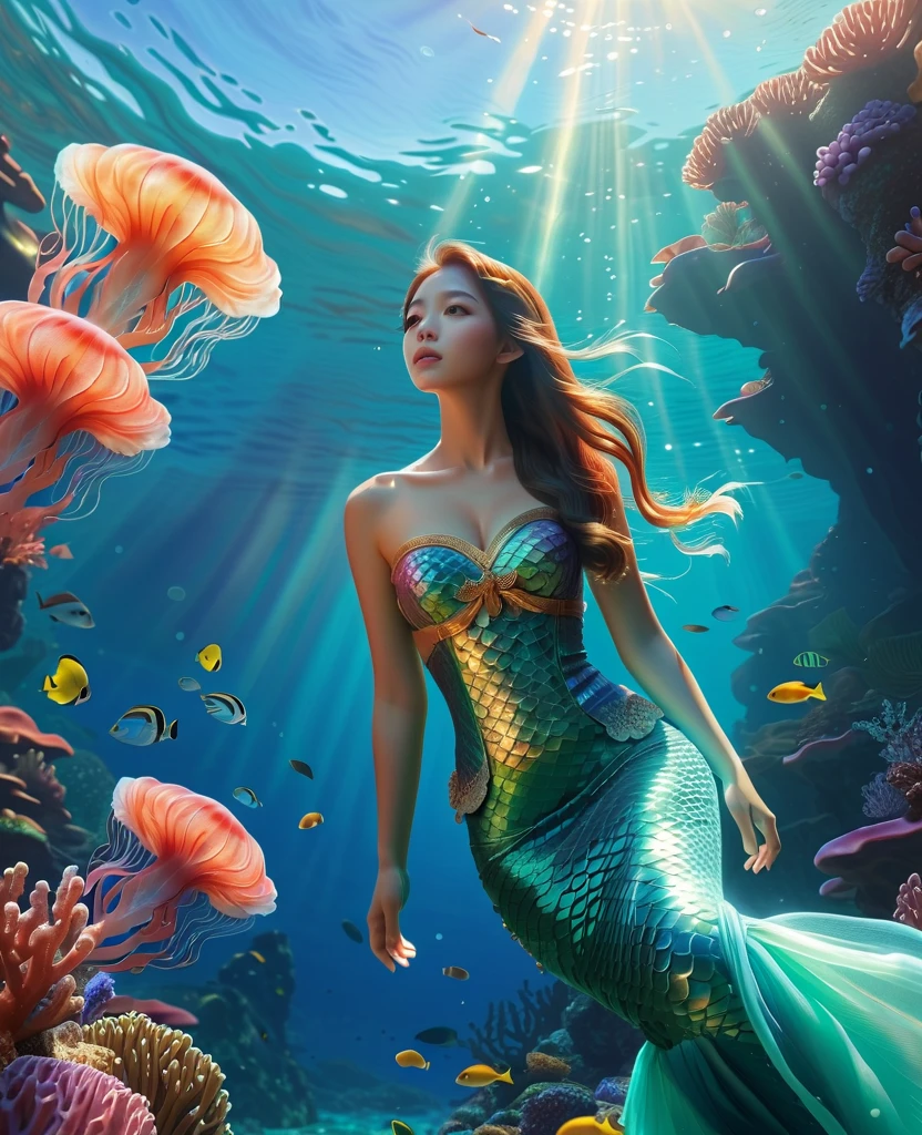 A mermaid dancing with grace in the depths of the ocean, ro