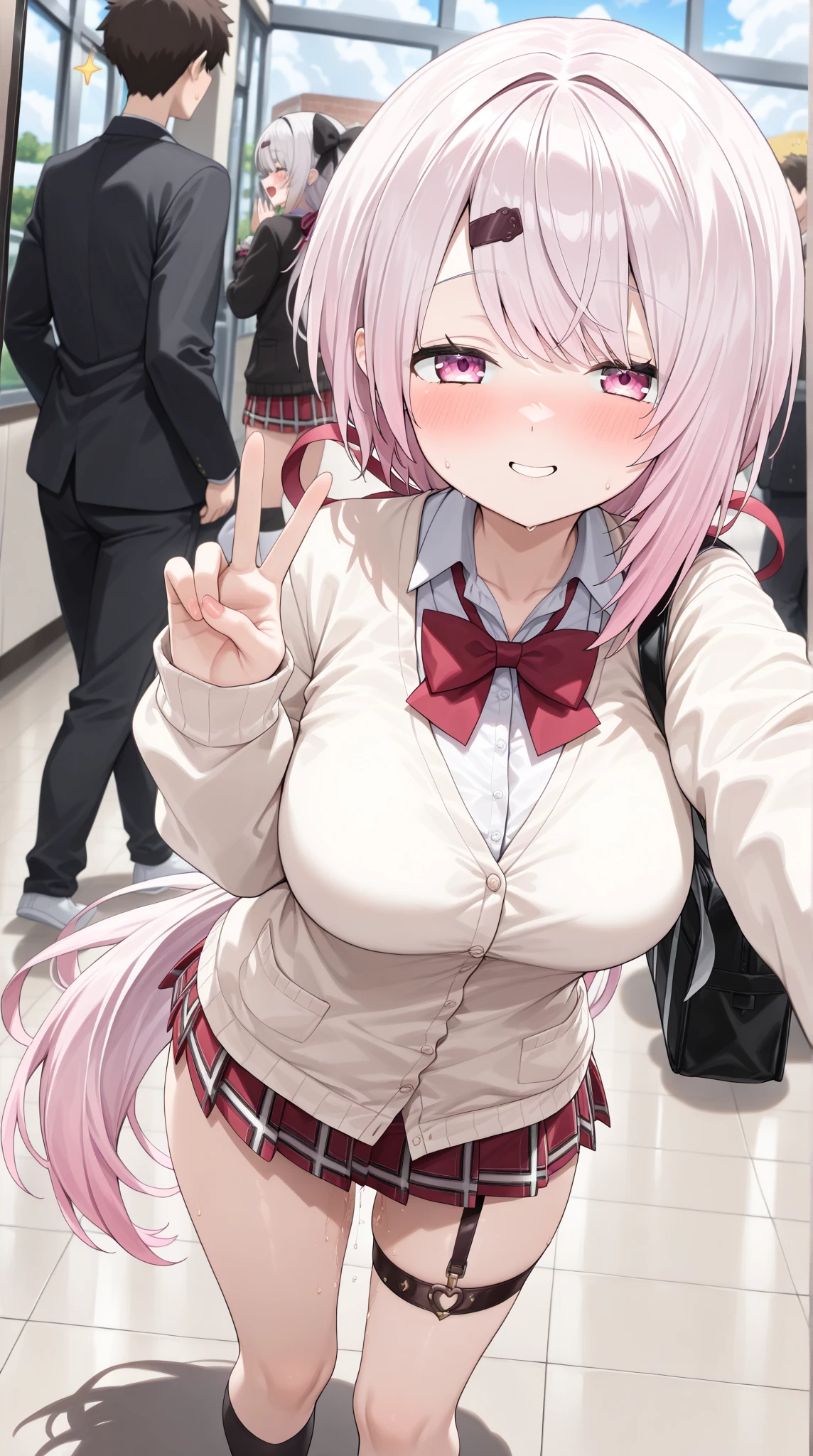 hoshino \(blue archive\),heterochromia,long hair,pink hair,ahoge,halo,white shirt,plaid skirt,necktie,sneakers,id card,NSFW,One girl,2man,fellatio,Tongue licking,Handjob,2penis,flat chest,,huge ahoge, full blush,gang rape,Orgy,グループセックス,フォーカスのみ