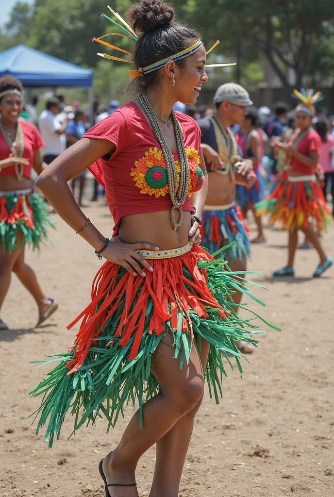 masterpiece, reality, 4k, (medium full shot) of (rhythmic rumba dancer) young woman, native american, tan skin, green eyes, slender build, short blonde curtain bangs hair, wearing a gold fringe rumba dress, dance heels, bold eyeliner, ruffled arm bands, set in an open-air stage, with a natural backdrop, a large audience, and a festive atmosphere, woman smiling