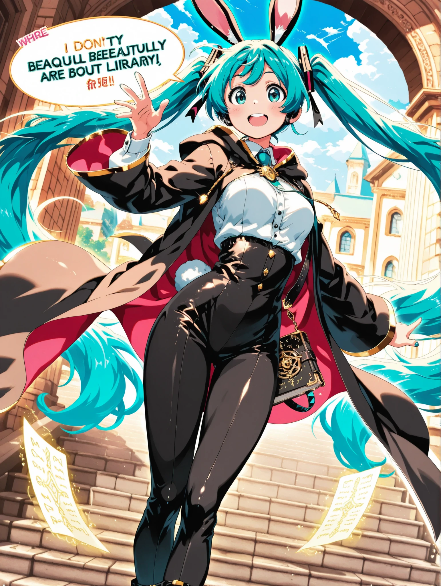 (masterpiece、Top quality、Top quality、official art、Beautiful Beautiful:1.2),Hatsune Miku、beautiful breasts、 light pink twin tails 、a confident female thief with long white rabbit ears、holding an old spellbook on one arm、popping out of the front door of a spectacular magic library in the middle of the day, comic book style illustration with colorful magic runes,  4 bodyguards , embellished with colorful magic doodle runes、wizard costume that fits the body perfectly

She's smiling blatantly, I don't even try to hide it, In the background, astonished wizards and scholars in robes are watching in disbelief, magic paper is soaring behind her

The sky is bright blue with fluffy clouds, where strong sunlight casts sharp shadows, The stone steps and the facade of the building are brightly illuminated

thick comic style outline, halftone shading, Exaggerated Movement Lines, weird and bold vibe, vintage comic page texture, speech bubble: 「Borrowed indefinitely」!”