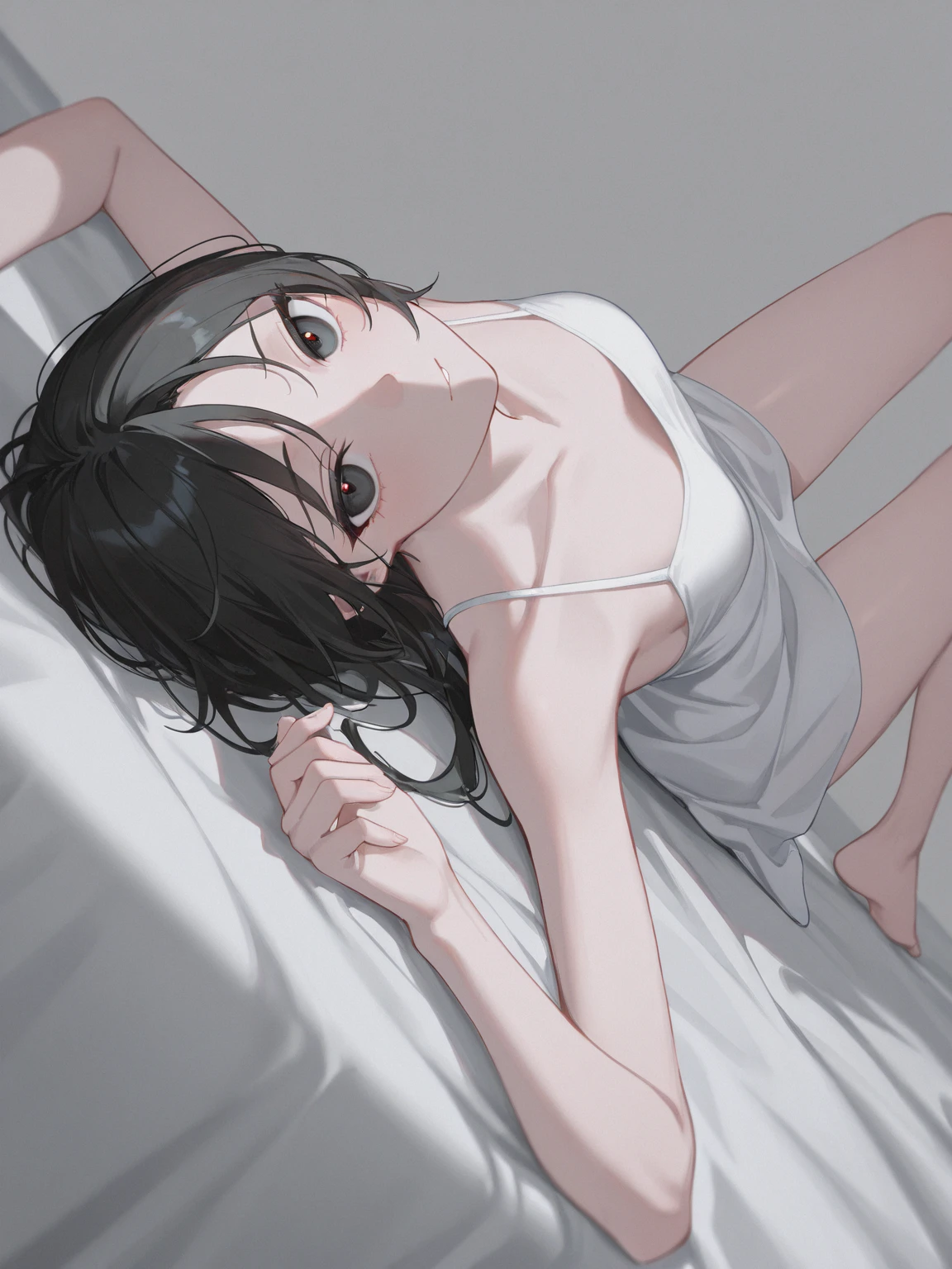 gorgeous lips, (masterpiece), (best quality), (ultra-detailed), very aesthetic, perfect composition, intricate details, absurdres, detailed face, (anime, masterpiece, intricate:1.3), (best quality, hires textures, high detail:1.2), zashiki-warashi, jet black bob haircut, kimono, expressionless, childhood, looking_at_viewer, blush, open_mouth, bangs, navel, hetero, lying, one_eye_closed, teeth, solo_focus, tongue, tears, on_back, armpits, clothes_lift, arms_up, bottomless, bed_sheet, pov, shirt_lift, trembling, camisole, tearing_up, (1boy, male, out-of-frame_censoring, implied_sex, tickling), shiny skin, (adult)
