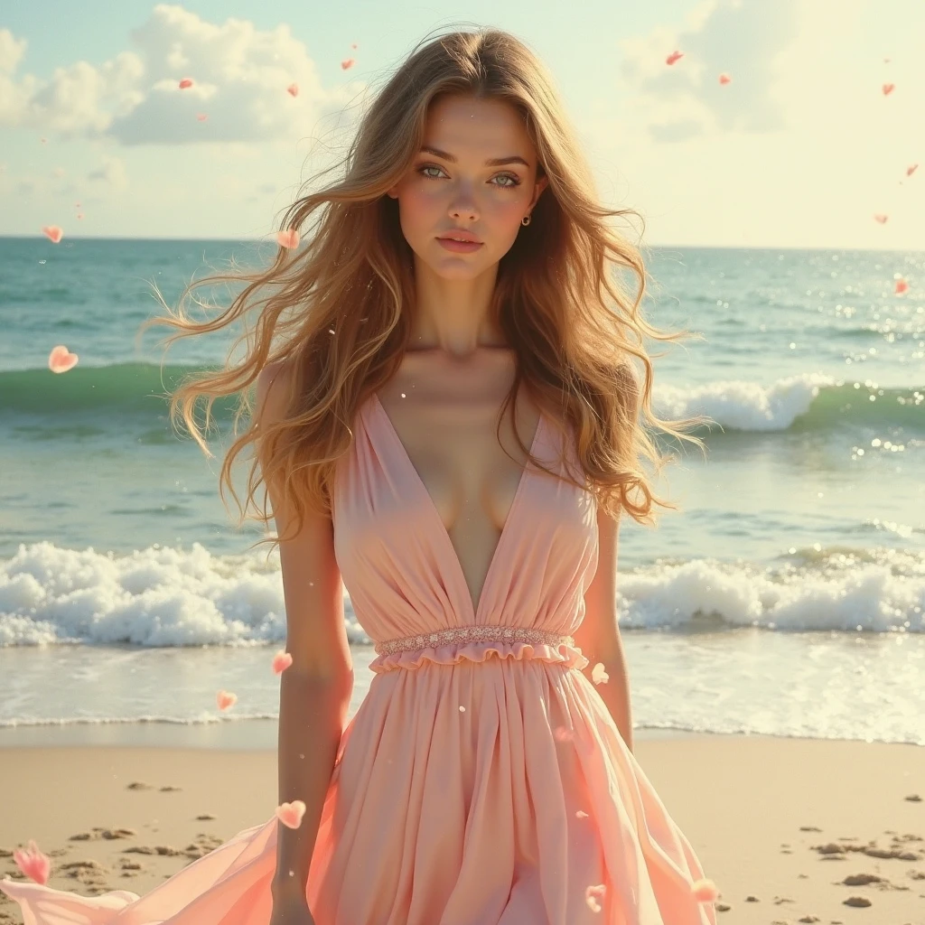 sea background, with pink would be with long wavy hair and light brown，crown on head，full body photo，Pink dress, pink sea，sun on background