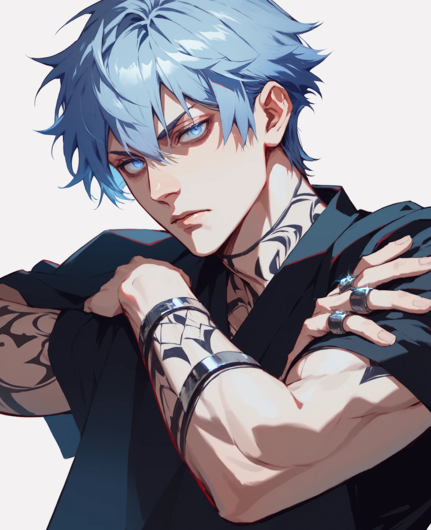 1male, light blue hair, light blue eyes, pale skin, bangs, athletic body, two ring tattoos around each of his forearms, simple background, modern clotches, serious, dark circles under eyes