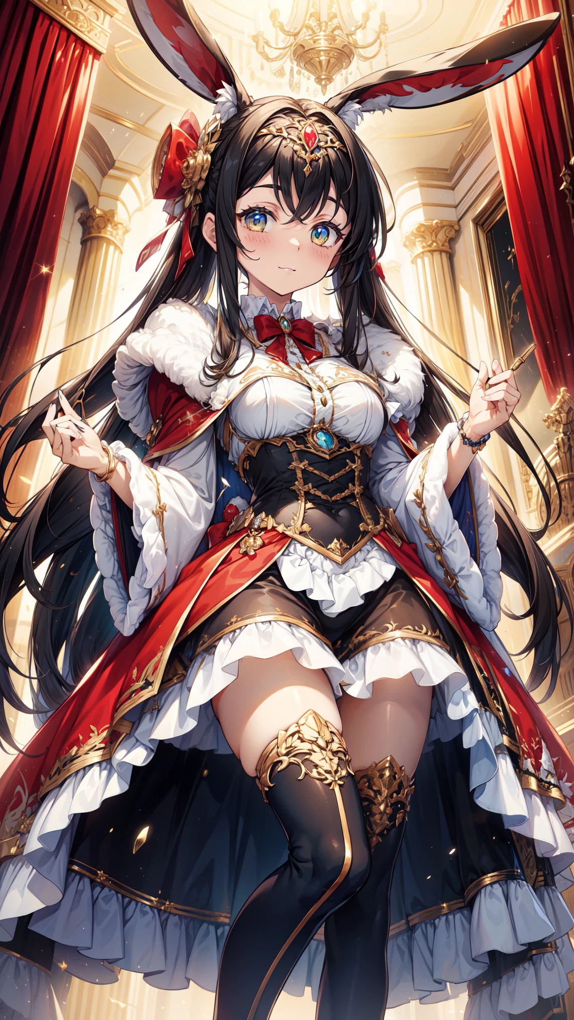 masterpiece, best quality, high resolution, extremely detailed CG, absurdres, 1girl, solo,  a girl in armor and a crown,white armor, golden decoration, off-shoulder, breasts, thighhighs, long hair, brown hair, sidetail, armored legs, cleavage, bare shoulders, zettai ryouiki, crown, gloves, armor, simple background, white gloves, high heels, off-shoulder armor,