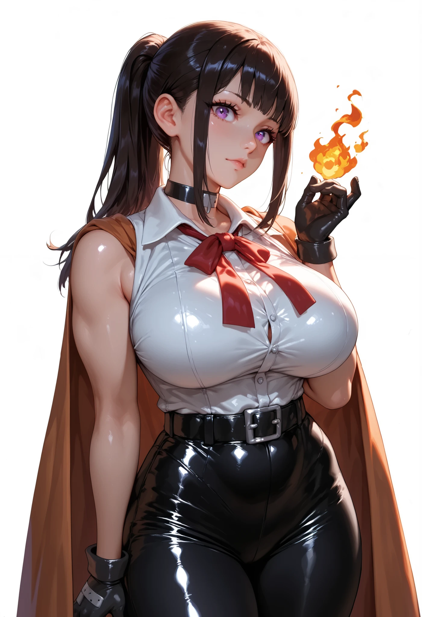 Maki oze, default hair, wearing a button fown shiry, sleeveless, black tight pants, elegant footwear, red tie, black gloves, black belt, , voluptuous body, extremely curvy body, ,, big breasts, trained body, hottest girl in the universe, cutest girl in the universe, cute beautiful face, veined body, wearing a choker, glossy shiny oily skin, ponytail default fire force hair, seen from the front,,,,, peace, WHITE BACKGROUND , EMPTY BACKGROUND, POSING, COWBOY SHOT