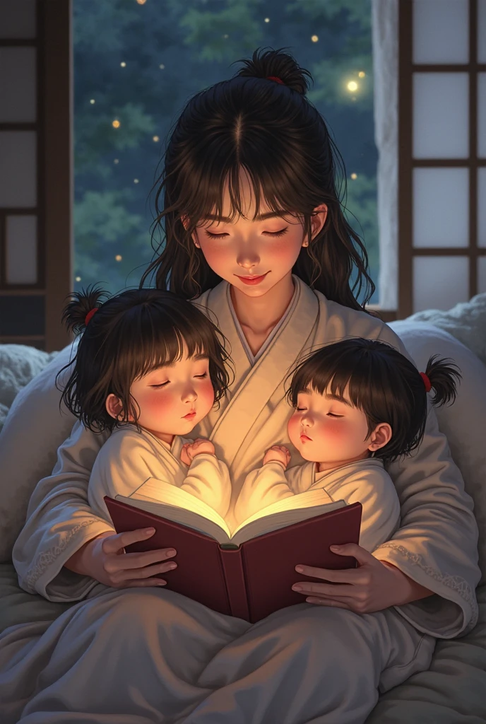 A little girl and her mother sitting together on the grass, under a tree, looking at the starry night, a big dog sleeping. Flowery garden. Crescent moon on the sky, some cirrus clouds. Summer night. Tranquility. Swarm of Fireflies. Highly detailed. Very softly illuminated by moonlight and fireflies.