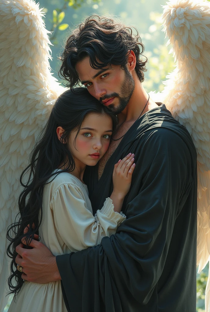 A male demon with angel wings was hugging a human baby affectionately.
