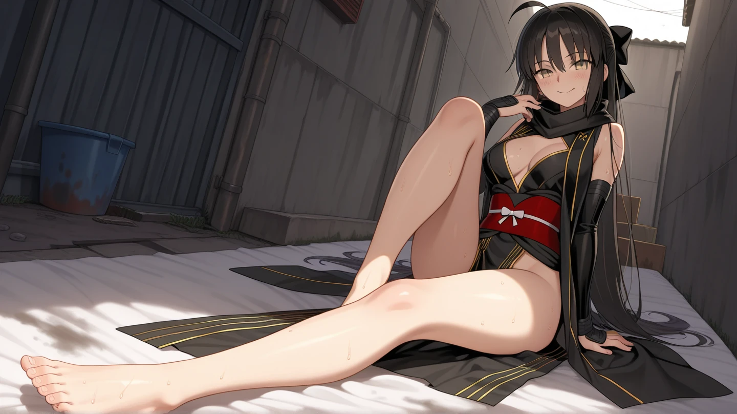 Yor, topless, red eyes, black hair, reverse cowgirl, ridding a dick