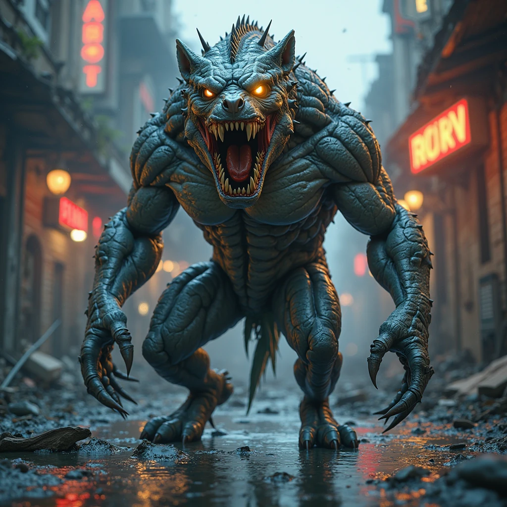 An deadliest creature with glowing red eyes . Standing in old Chinese place in yellow and light blue neon light . 