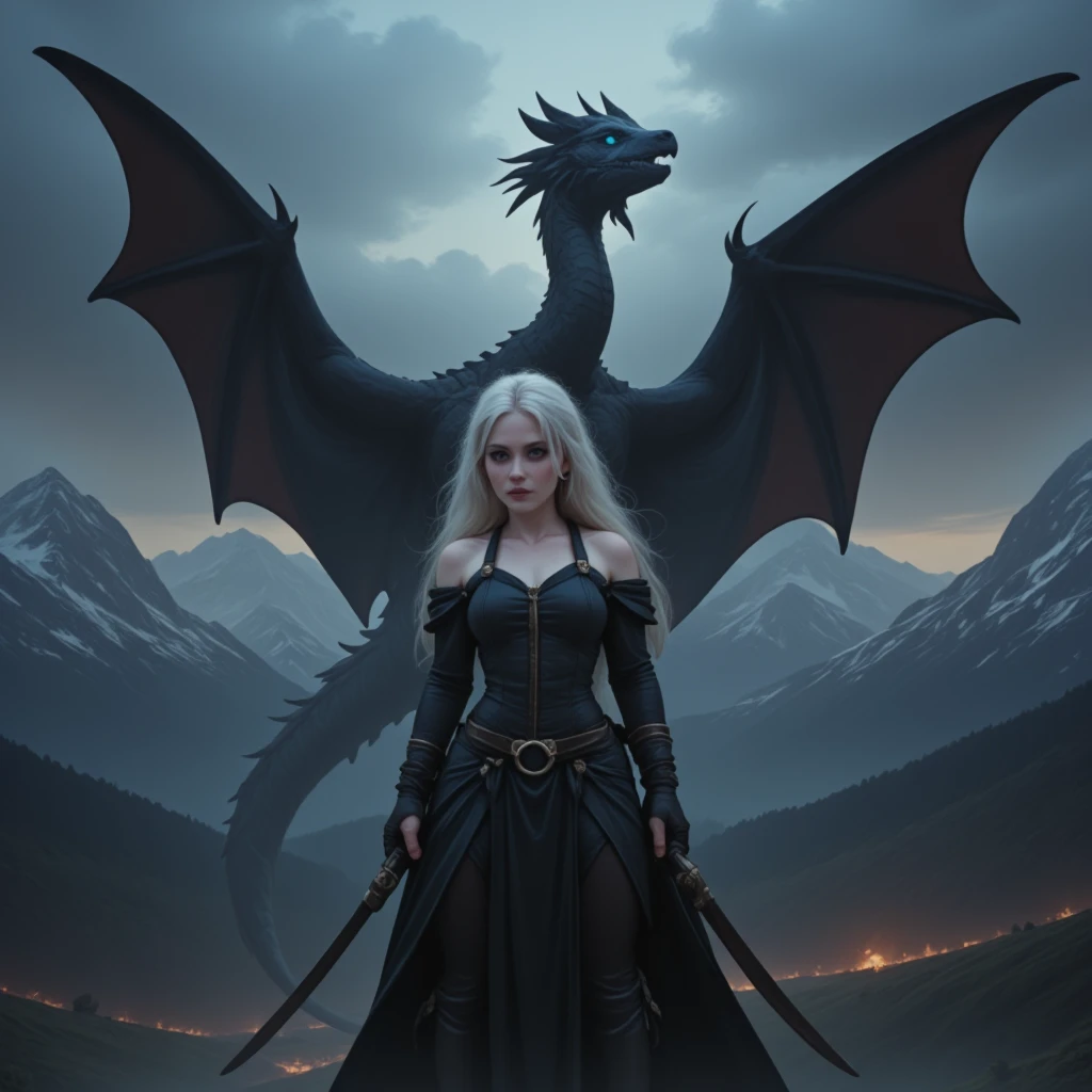{-erro_de_anatomia:1.0} woman 30 years old, north,viking clothes, (nordic dress), dark castle, a woman (baela targaryen), black woman, (black skin) medium hair, white curly hair (white hair), (blue eyes) . Indifferent look , merciless. among the dragons, dinamic poses, egoist smile, upper body, angry face, sitting, backwards, looking back