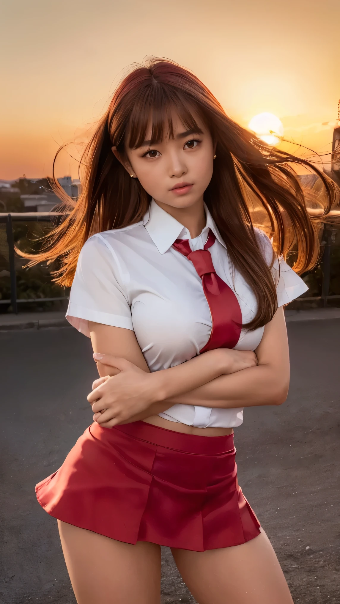 masterpiece,Top quality,high resolution,(Realistic,photo Realistic:1.37),anatomically accurate.
rooftop, dim sky,((bright red sunset:1.5)),(In the Wind :1.5)),ung and beautiful Japanese woman,High school girl,(balanced:1.3),Smile.
cowboy shot, Front Map,(Strong winds, long flowing hair:1.5),(skirt flipping:1.5).
( School Girls Uniforms:1.5), shirt, necktie, Cardigan, blazer,(The red ultra-short mini skirt :1.5).
dirty dirty dirty sex, cute type,baby-like face, slightly round face, big eyes, brown eyes, double eyelid, Sparkling under both eyes,(Natural Cosmetics),  Little Pretty Nose , natural makeup, Shiny Lips, Big Natural Colored Lips, Smooth, Light brown long hair,.  beautiful asymmetrical bangs .
Imaging Center,8k Resolution,Attention to detail,Exquisite Hairstyle ,Detailed face,Cinema Lighting,Cute Beautiful,Super Realistic, anatomically correct,(perfect limbs,5 fingers each on beautiful right and left hands,Smooth beautiful hands,beautiful arms and wrists ,Two beautiful legs,. thick thighs, Big breasts),]
((natural and relaxed posture:1.3)).