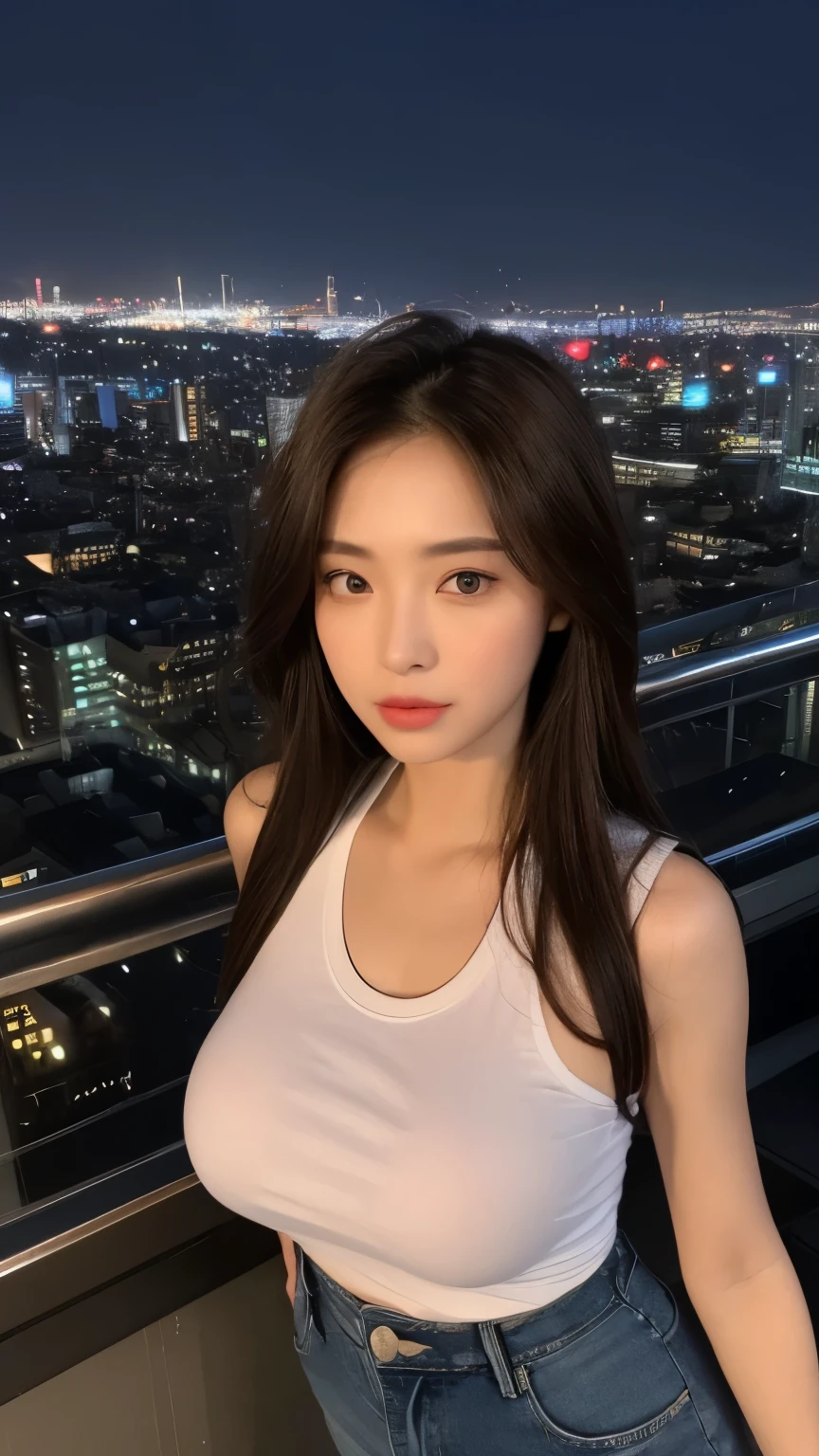 ((Midnight, Best quality, 32k, Masterpiece :1.3)), Whole body, Long legs, Sharp focus :1.2, A pretty woman with perfect figure :1.4, Slender Abs :1.1, ((Dark brown hair, Big breasts :1.2)), (White tight tshirt, Jean bib, Standing:1.2), ((Night city view, Rooftop:1.3)), Highly detailed face and skin texture, Detailed eyes, Double eyelid,Very beautiful nipples,Small ,Flat Chest,Small waist, realistic photo,Small breasts,Flat breasts,Beautiful nipples,A beautiful girl of unparalleled beauty,