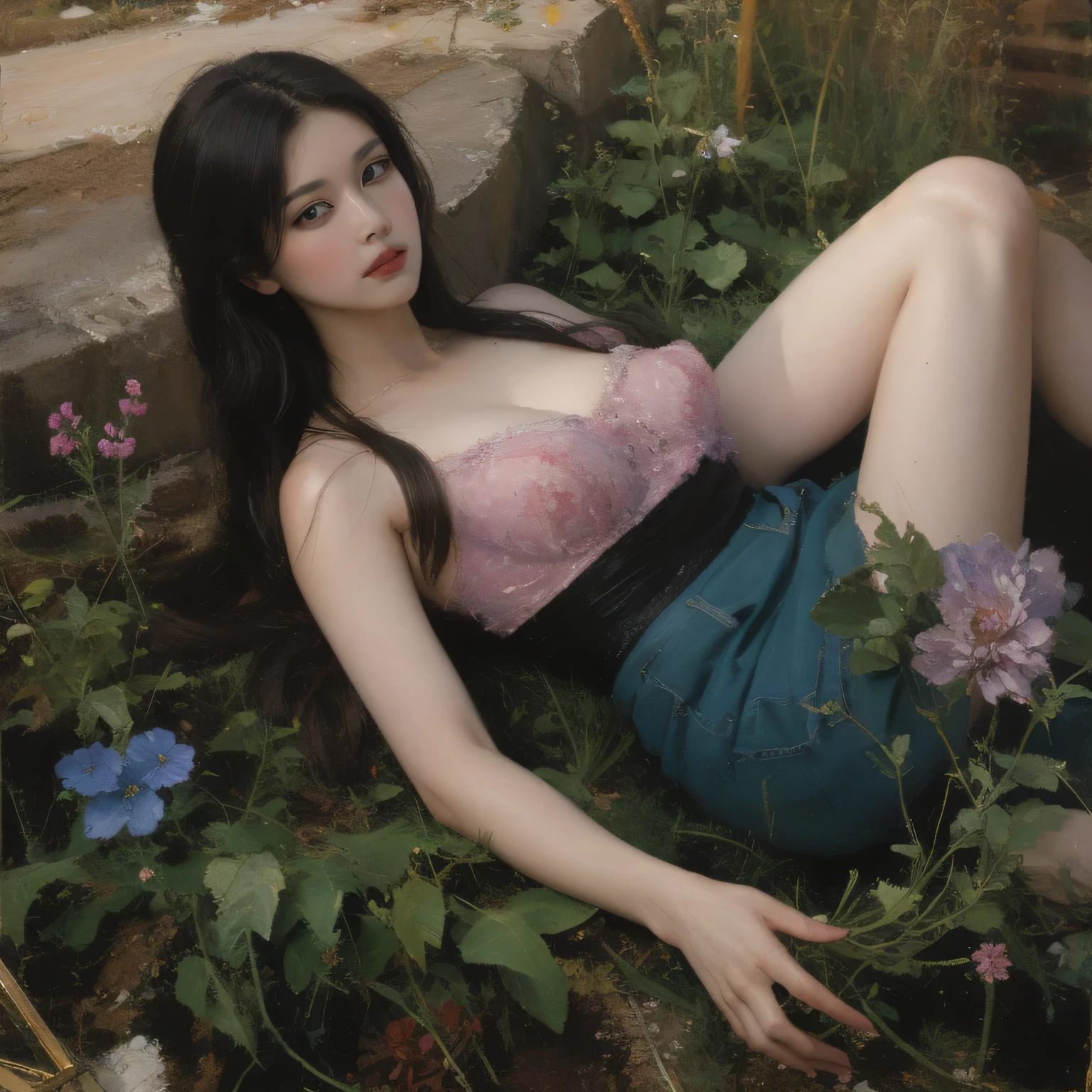 21yo girl, (bob Hair). Wearing gray t-shirts, denim short pants. natural big breast, show big thigh, plump body. Lying on a pile of blue flowers.