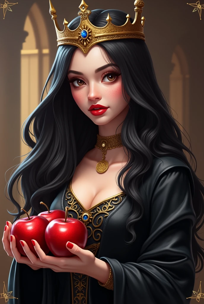 tan skinned, long dark curly hair, elf queen, holding an apple, hazel eyes, wearing white hood with a silver crown on her forehead, dark eyeliner