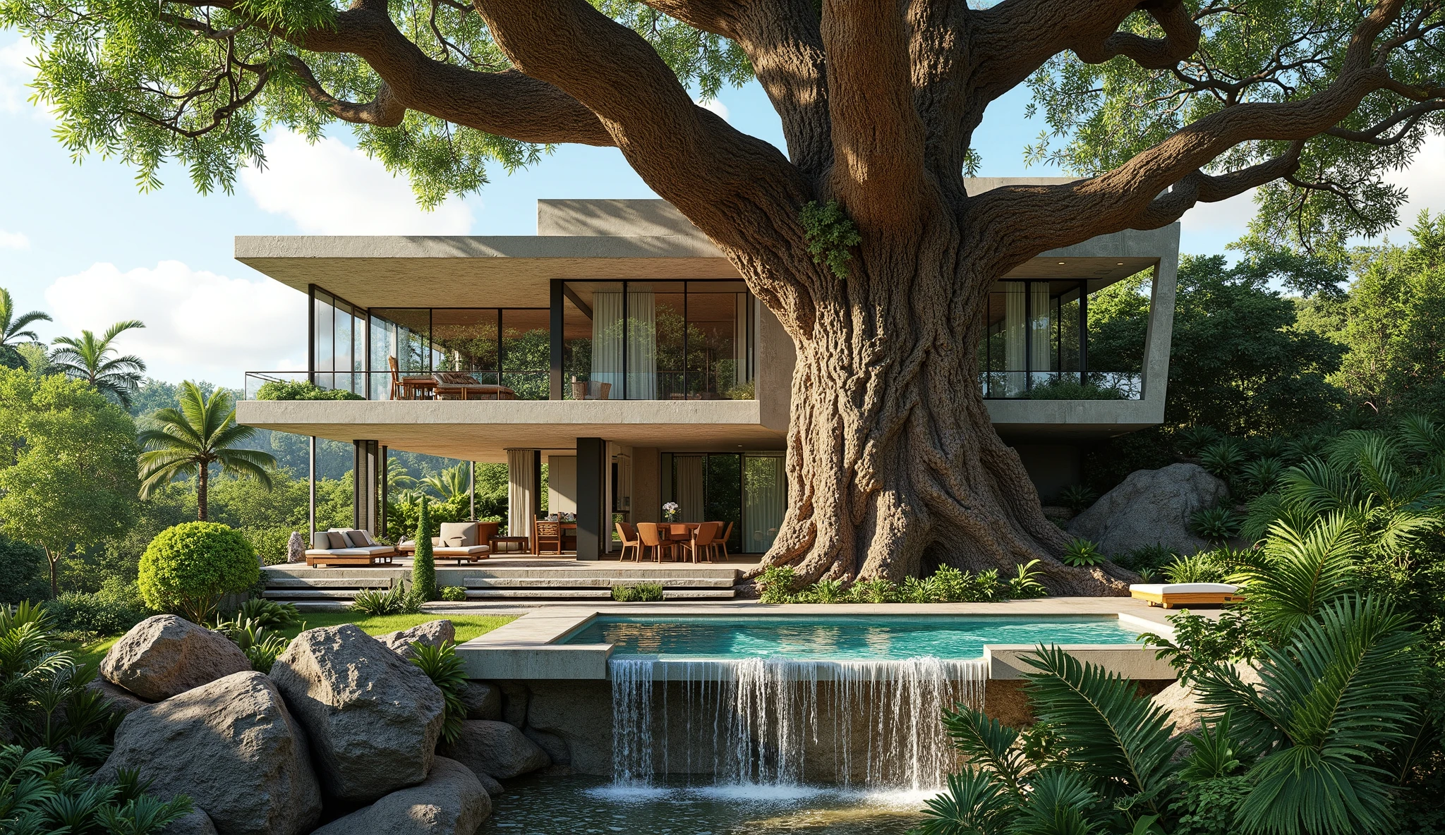 (A tree house on top of a giant tree:1.5),(A modern mansion standing on a giant tree:1.5)、There is a luxurious pool、A waterfall cascades down from natural bedrock、