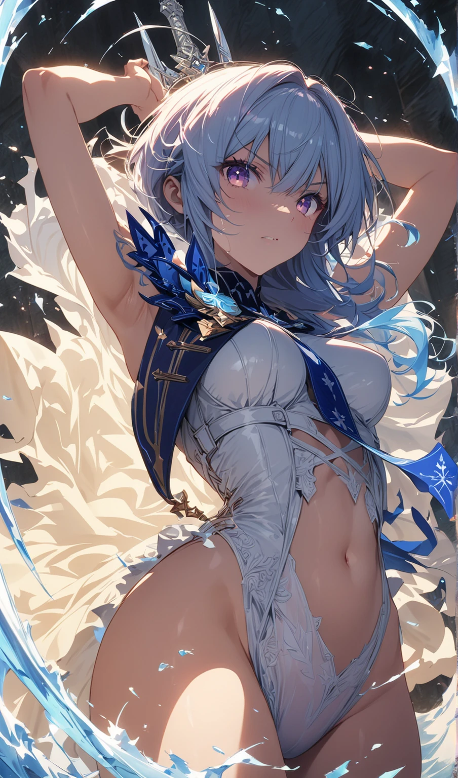 a cute teenage girl, about 160cm tall, perfect breasts, round breasts, white jacket, fur jacket, wearing jacket, open jacket, nude, bare breasts, exposed breasts, naked breasts, off shoulder, bare shoulder, perfect shoulder, detailed collarbone, perfect collarbone, bare neck, detailed iris, sparkle eyes, star in eyes, enchanting purple eyes, (multicolored eyes), (shining dust), (multicolored eyes), (heterochromia), (messy hair:1.3), (hair between eyes), (hair over one eye), (wavy hair:1.1), masterpiece, best quality, ultra quality, high quality, highres, ultla highres, absurdres, 4K, 8K, 16k, hyper detailed, intricate detailed, amazing shading, high contrast, realistic, photo realistic, RAW photo, photography, super fine illustration, foreshortening, perfect anatomy, correct anatomy, perfect proportion, perfect face, perfect hands, perfect legs, perfect fingers