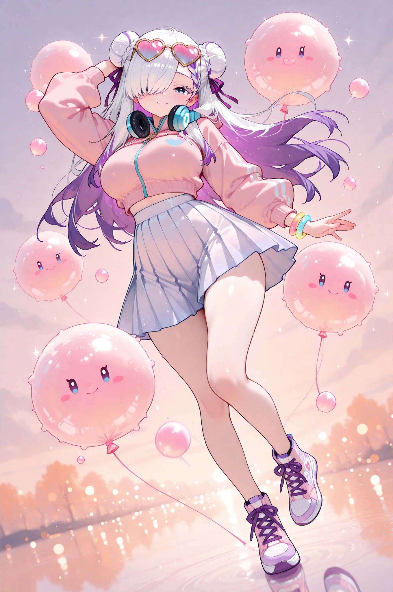 koujuan, piotegu, which_(Very beautiful), say_work, pastel colors, Pink Theme, orange theme, purple theme, masterpiece, best quality, amazing quality, absurdres, ultra-detailed, very aesthetic, cinematic, cinematic shadows, cinematic composition, vibrant colors, beautiful face, beautiful eyes, 1girl, Gojo Monika, white hair, very long hair, braided bun, double bun, hair over right eye, ((one eye coVered)), Braided bangs, blue eyes, intricate eye iris, detailed eyes, colored eyelashes, white eyelashes, large breasts, petite, curvy, very cute, beautiful, cool, double bun, multicolored hair, streaked hair, hair streaks, (purple hair streaks), Glossy lips, fashion, streetwear fashion, cropped jacket, pleated skirt, sneakers boots, sunglasses on head, heart-shaped eyewear, heart (symbol), purple ribbons, headphones around neck, Colorful bracelets, Alone, full body, looking at viewer, smile, ((pose)), dynamic pose, dynamic angle, ((cute stylish girl blowing a big bubblegum bubble, expression: playful and confident, vibrant colors, cheerful mood, fun composition, soft and glossy, candy-like atmosphere, dreamy scene filled with floating bubble gum balloons of various pastel colors)), glowing, glowing_effect, sparkling, particles, SPARKLE_effect, light_particles, GLITTER, GLITTER_effect, bokeh, light_bokeh, light_reflection