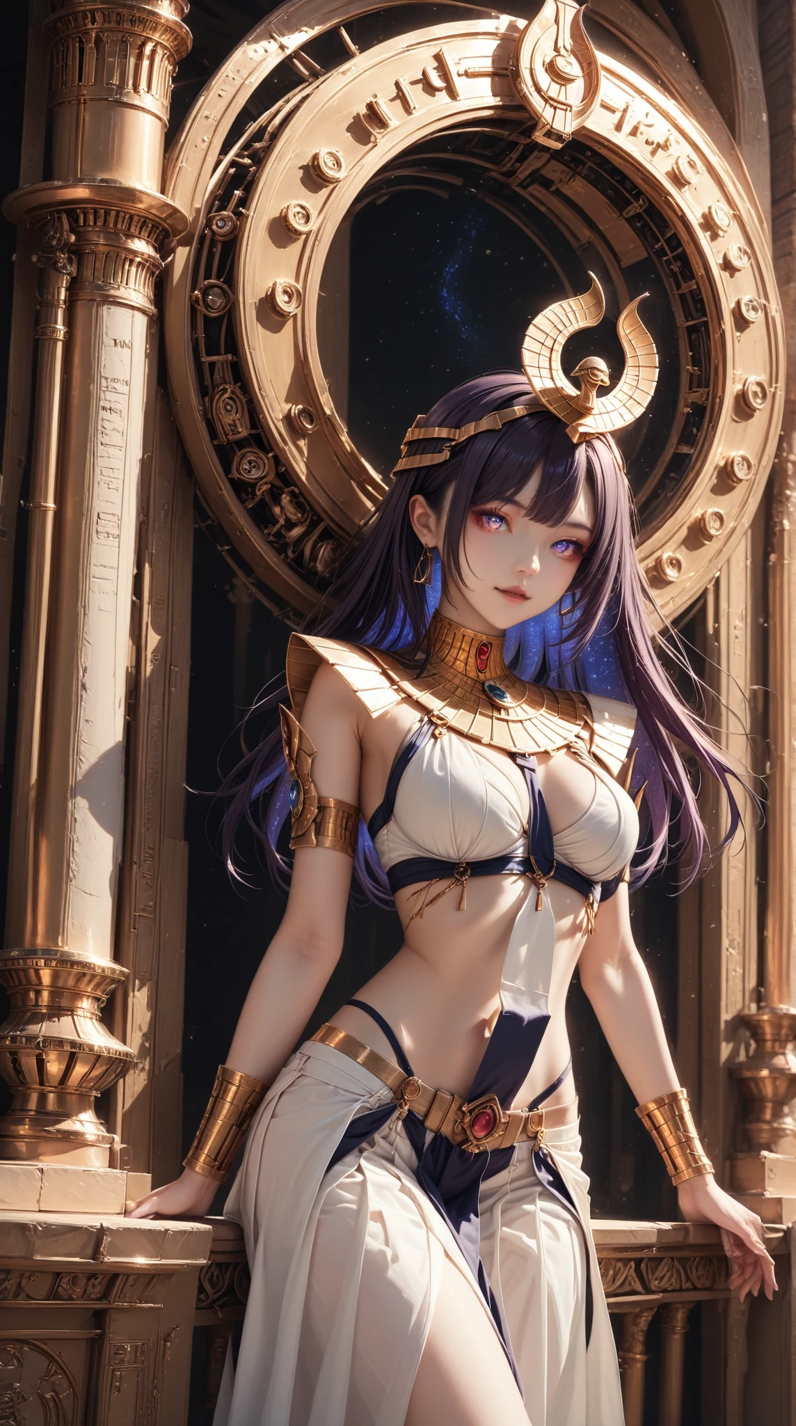 Déesse Egyptienne, Bastet, White Toga, Jewel Dorée, oreilles de chat, Cat tails; Halo of light around her, Dark and Purple hair, Braided long hair, , belle poitrine, clivage, Charismatic character, In front of a pyramid, Avatar de seconde vie, Nice screenshot, Femme seduisante vue complète du corps, High quality, very detailed skin