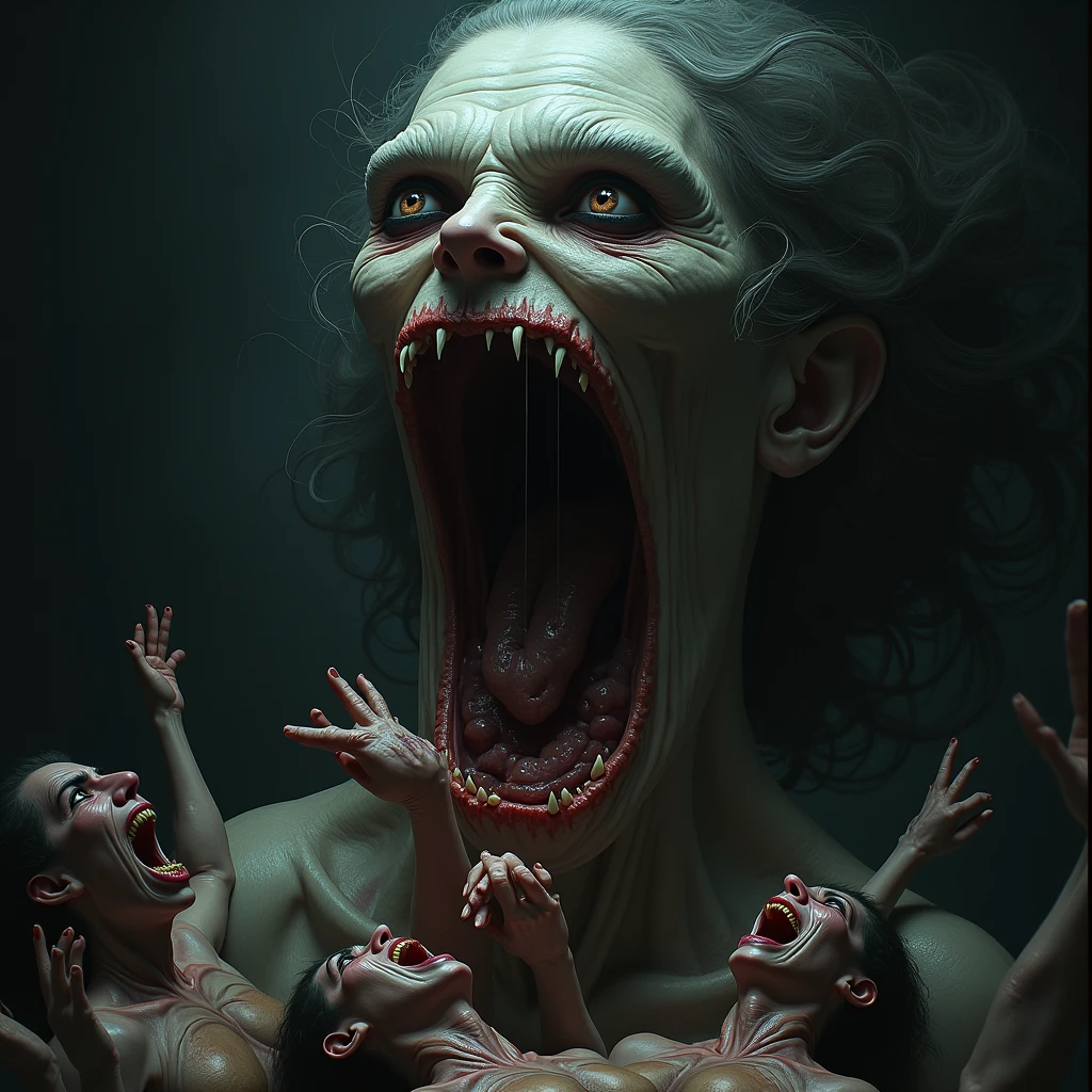 ((best quality)), ((masterpiece)), (detailed), monstrous, Beautiful, Best quality, perfect lighting, NSFW, monster smile with crooked fangs, Very skinny, disproportionately long arms, head of a vulture, scruffy dirty feathers, diseased, worms, A sinister aura, something, chained, deity, cultist clothing, cosmic horror,