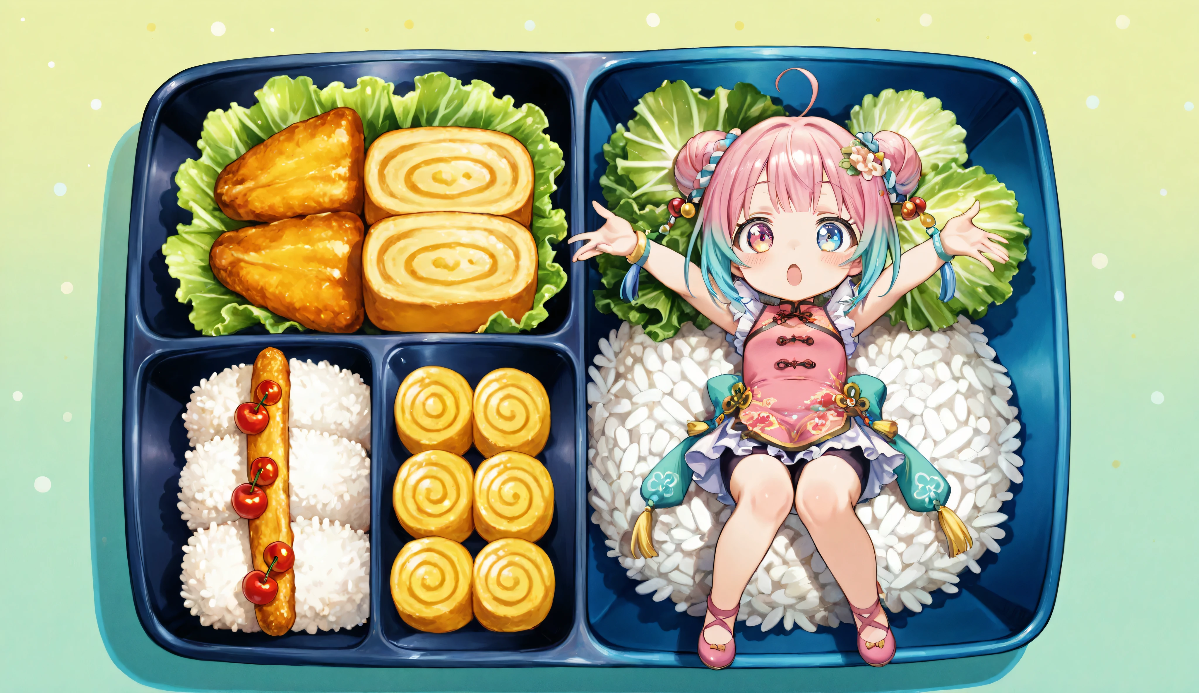 A cute anime girl with long pastel pink to aqua gradient hair, styled in twin buns with colorful tassel ornaments, lying playfully on her back inside a bento box. She has large, expressive heterochromatic eyes (purple and blue), a slight blush, and a surprised but charming expression. She’s wearing a tight red and gold Chinese-style mini dress with floral patterns and black frills. One leg is raised playfully, arms open, body relaxed on a bed of lettuce. Around her are crispy chicken cutlets, rice, tamagoyaki, cucumber slices, cherry tomatoes, and neatly arranged garnishes. Top-down view, highly detailed, soft shadows, vibrant anime style, cute and appetizing composition.
Art style inspired by Japanese food illustrations, anime mobile game UI, and cozy slice-of-life food anime. Emphasis on symmetry, color harmony, and delicious detail. No characters — just a beautifully composed food image.
--ar 1:1 --v 6 --style raw --q 2 --style anime --ultra-detailed --wholesome food aesthetic