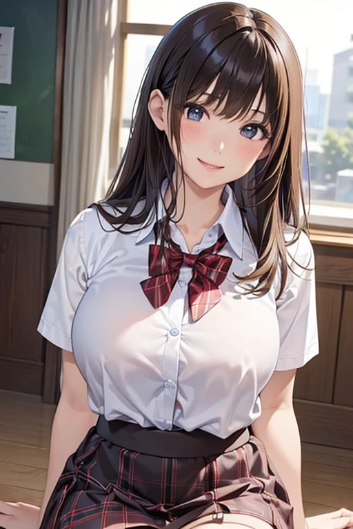 ((Tabletop, highest quality, High resolution, Hmph, Pixel Perfect, 4K, Hmph, Hmph))), One Girl, single, alone, beauty、The whole body is visible、 ((Mid-wave hair, bangs, Brown Hair)), ((Brown eyes, Beautiful eyelashes, Realistic eyes)), ((Detailed face, Blushing:1.2)), ((Smooth texture:0.75, Realistic texture:0.65, Realistic:1.1, Anime CG Style)), Center of chest, Dynamic Angle, Perfect body, ((Red bow tie, , , White shirt, Black plaid skirt)), School locker room、Standing at the locker、Very embarrassing panic smile, 、look back、Leaning forward(、、Use both hands to lift up your skirt and show your panties、Her white and light blue floral lace panties are completely visible)、Angle from below