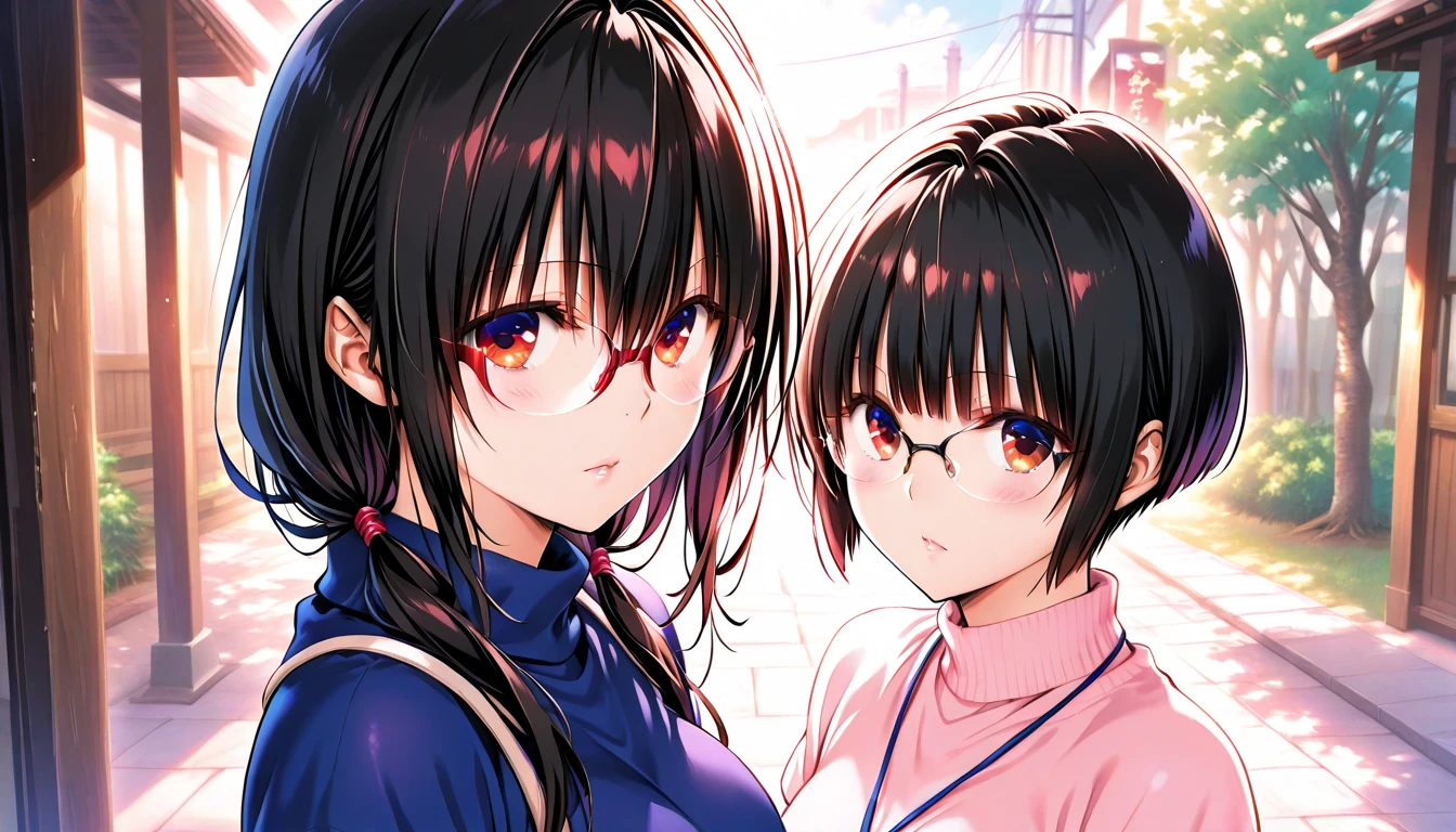 teenage girl, with glasses and blue shirt,black pants,pink and black hair , red eye, green eye