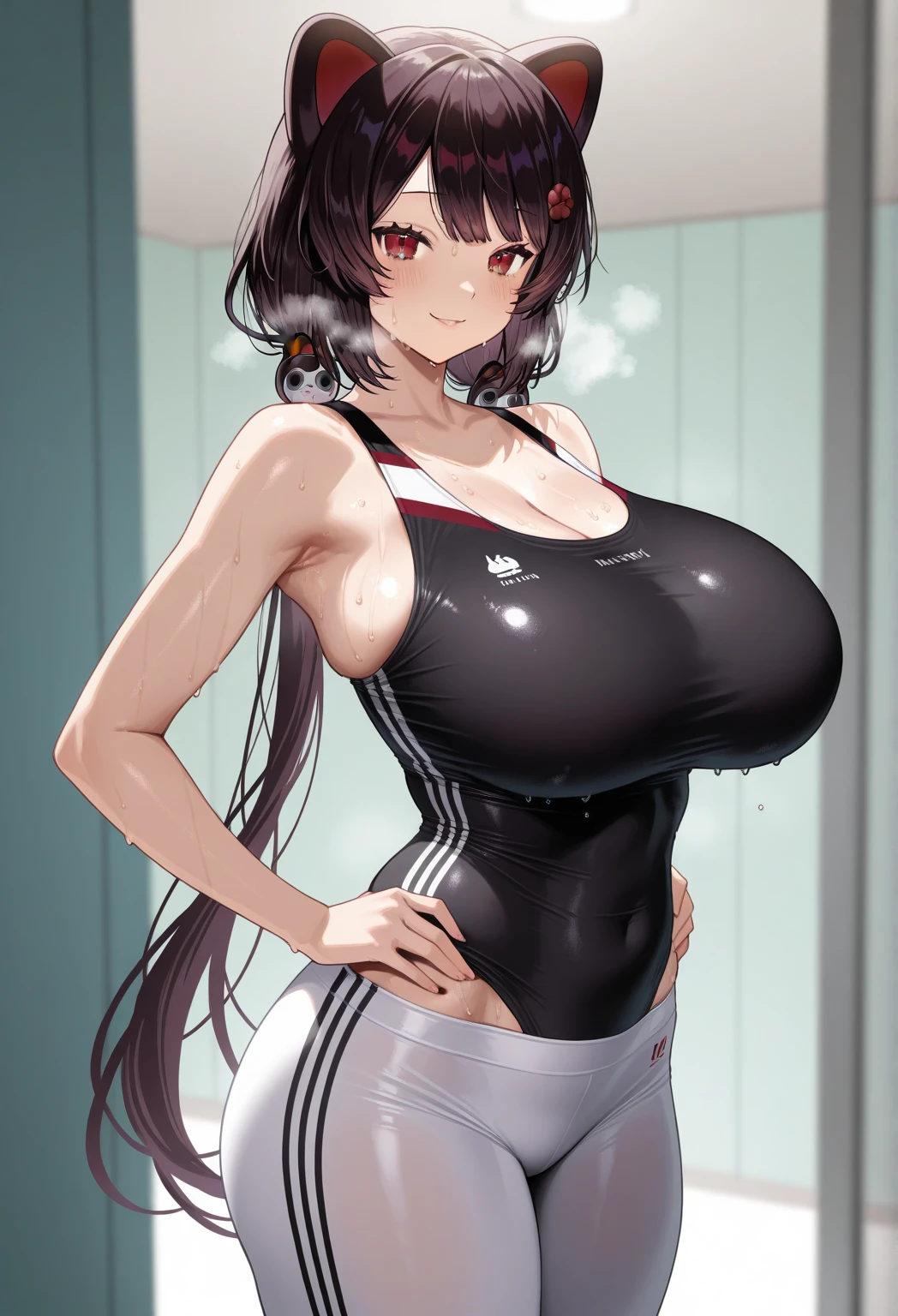 a cute beauty anime girl, with a voluptuous 19-year-old body, with brown long hair and eyes. with a curvaceous figure with really largue firm breasts, really wide hips and a plump rear, avarage height and pale skin tone. she's wearing a gray leotard, wich doesn't cover much, almost all her waist is fully exposed, and in the breast part of the leotard, has an little heart-shaped hole, she stares at the camera with a submassive shy face