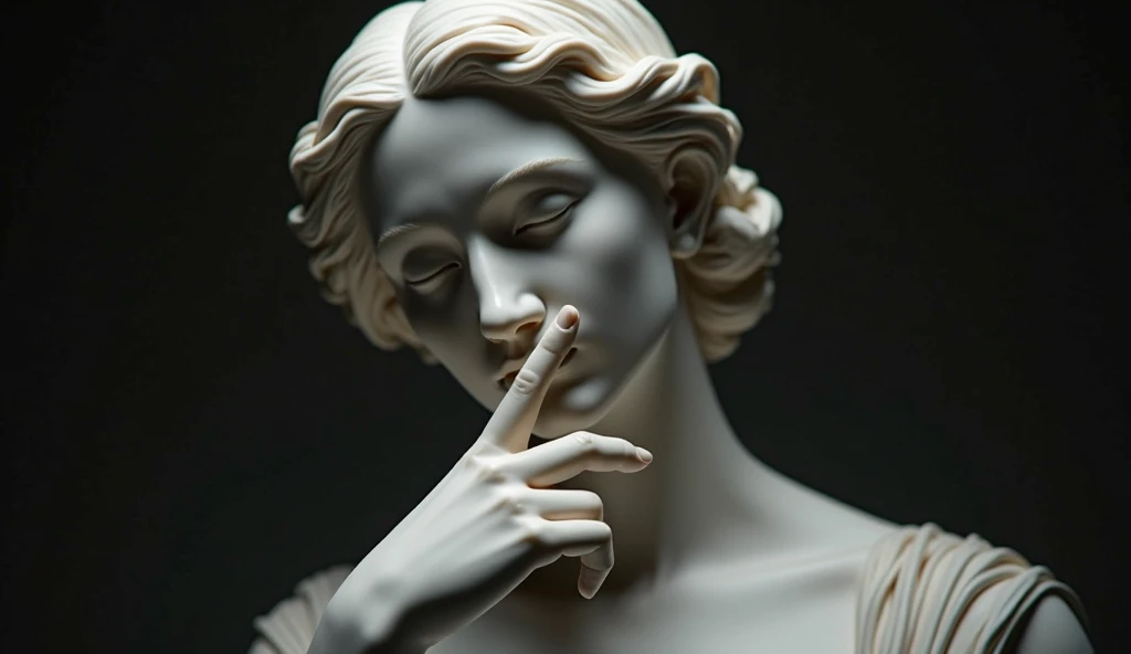 a close up of a sculpture of a person with a finger on his lips, give your mouth, don't speak badly, with the finger pointing, silence, hand on the cheek, sculpture, thinker, clay sculpture, funny sculpture, sculptor, Mauricio Cattelan, solemn gesture, hypperrealistic 3 d sculpture, by David Begbie, dramatic work of art, by Thierry Bisch