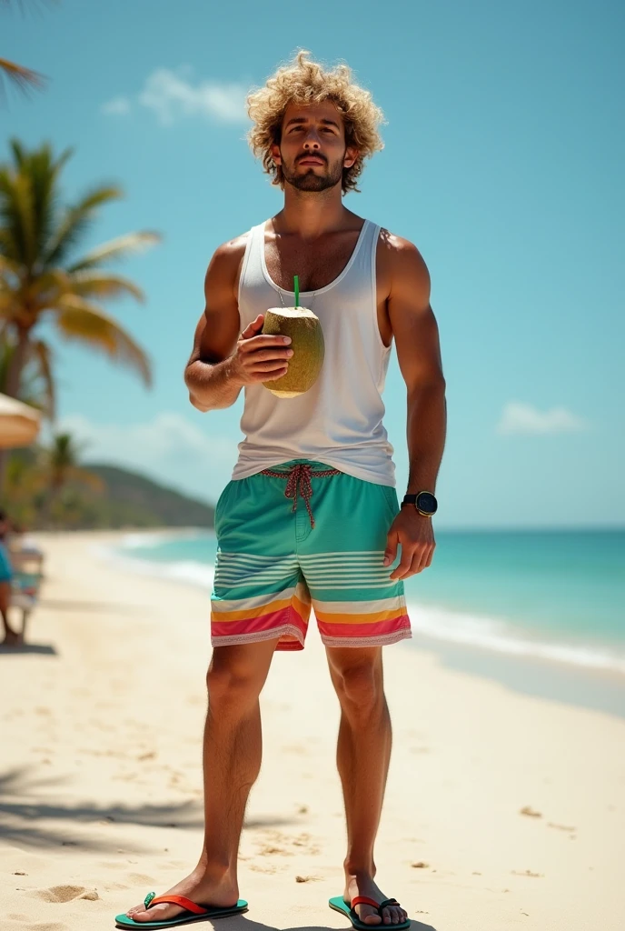 (photorealism: 1.2), handsome Cuban man, beautiful and athletic body, standing next to a beach bed, the bed is made of wood with beige cushions, under a guano umbrella, dark skin color, curly hair, with a green short, holding with his left hand and drinking a can of beer, the can is green, the can has no signs, it is on the beach, in a sunset, natural light
