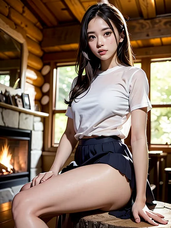 (Best Quality), masutepiece:1.2, 超A high resolution, ((full length body shot:1.4))、((Shot from below:1.4))、Photorealistic:1.4, Raw photo, ((In front of the fireplace in a dark mountain hut:1.4)), (Wide angle shot),  ((Collared short sleeve white shirt for students:1.4)),(1girl in),(15 year old girl), (Pink nipples:1.4), ((wetted skin:1.5)), (Real Skin), ((medium breasts⁩:1.4))、(Semi-long hair, dark brown hair)、 ((Denim skirt:1.4)), ((Carrying a large backpack:1.4)),((Not wearing panties:1.4))、((Detailed female genitalia、Pubic hair:1.4))、 (hyperdetailed face), ((shairband:1.4)), (Ultra detailed eyes), (Ultra-detailed nose), (Ultra detailed mouth), (Ultra detailed arms), (ultra detailed body), Pan Focus, gaze at the audience、angry looking face、standing with spread legs