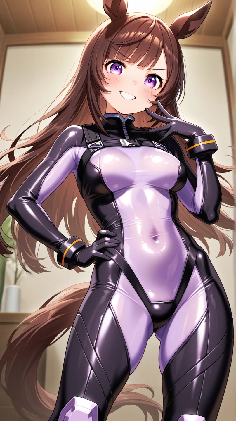 1 girl,NSFW,Kotori Minami ,(lovelive),clavicle, purple glowing eyes,absurd, brainwashing,empty eyes,shaded face, big breasts, fearless smile,(black latex tight bodysuit),avert your eyes , whole body shape, ((stand up, salute)),(highest quality、4k、8k、High resolution、must have:1.2)、Super detailed、(reality、It's realistic、realistic:1.37)、ticker、hyper hd、studio lighting、ultra definition paint、sharp focus、Physically based rendering、extreme details、Professional specifications、vibrancy and color、blurry、sports portrait、landscape、horror style、anime big breasts、SF、photograph、concept artist、five fingers, perfect body, {{{masterpiece}}}, {{{highest quality}}}, {{Super detailed}}, {shape}, {{very delicate and beautiful}},Improved cost performance、all roles、Canon 5D MK4でphotograph、photograph,