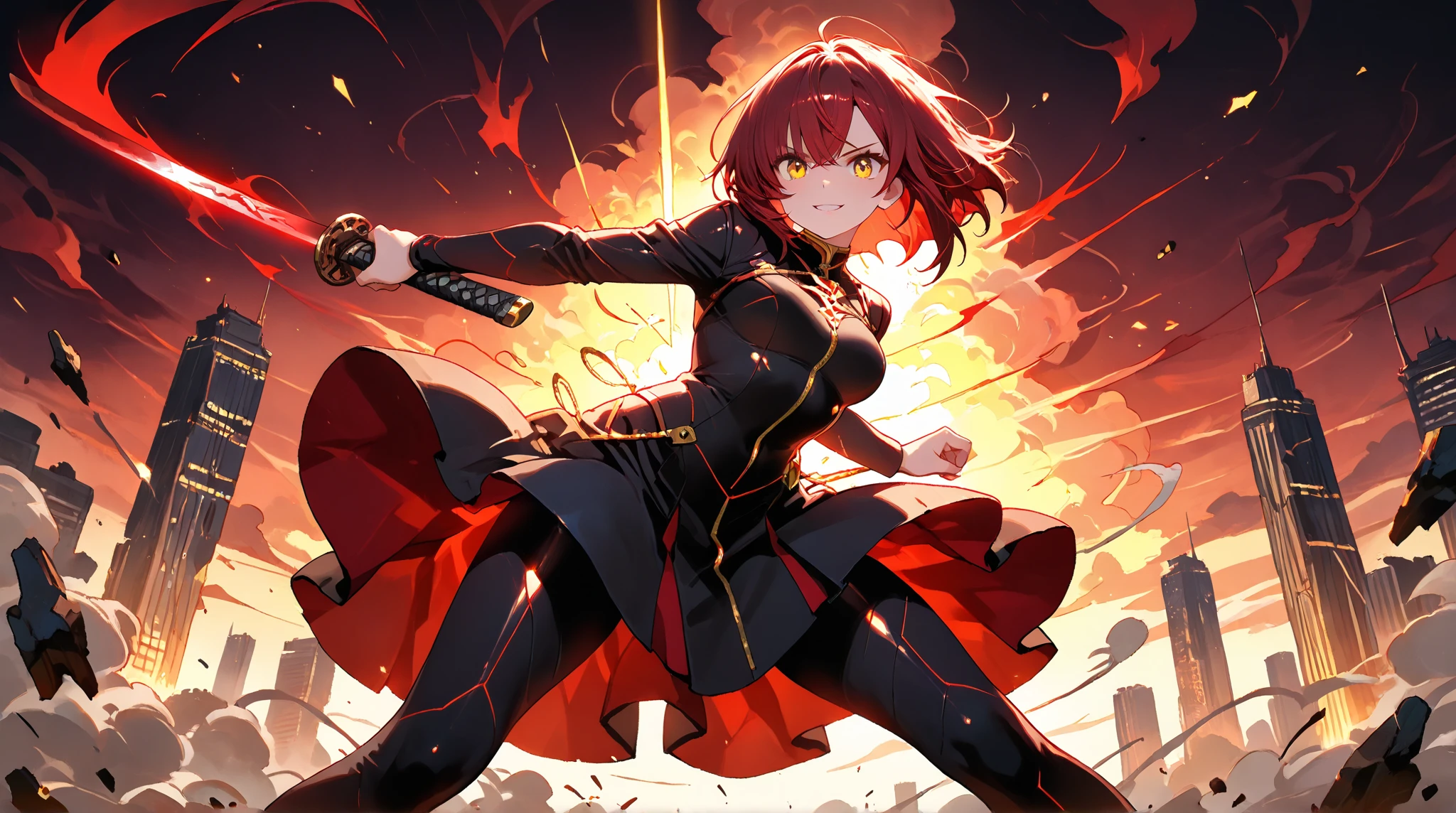 (Era Scarlet: 1.1), (Fairy Tail) Wearing fashionable red armor, holding a huge fire sword, + lens effect, reflective on the ground, zooming freely, surrounded by raging fire, unstoppable heroic posture.