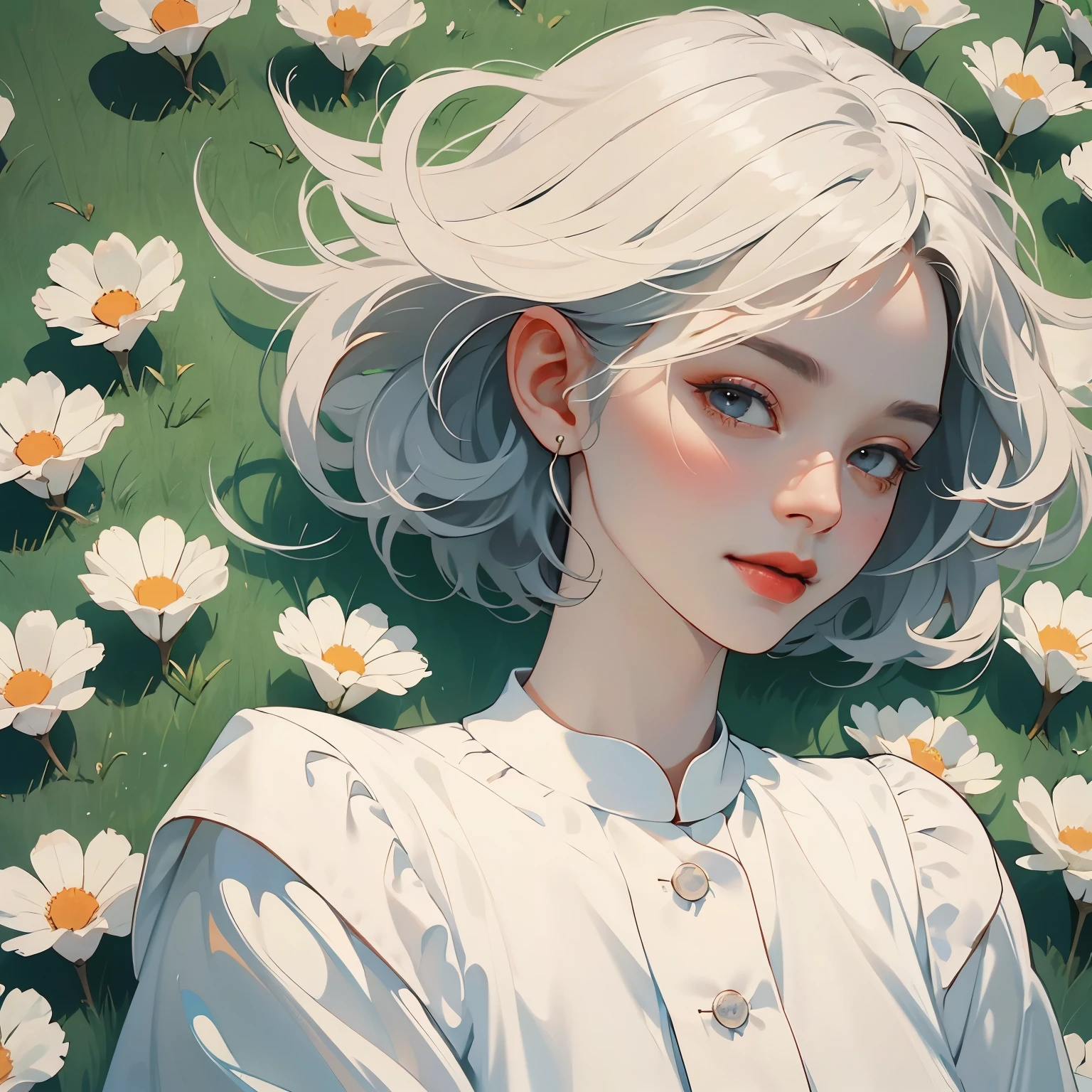 386 (20 year old woman),(short hair),(gentle smile),(high quality photos),( cinematic pictures playing on the lawn ),(colorful),(Floral),((Light and Shadow Contrast))