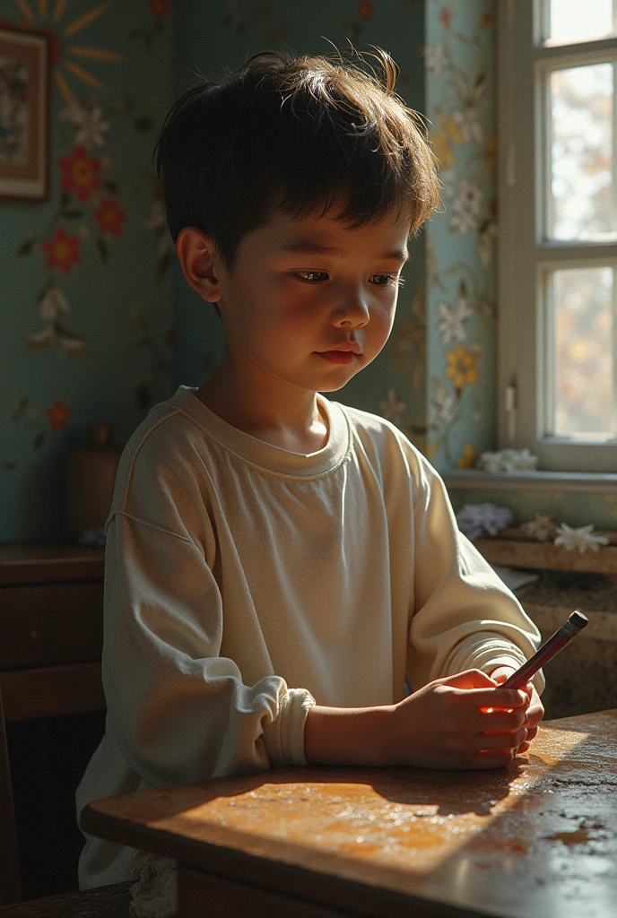 Hassan sitting alone with his toy car, looking a bit bored and lonely. The surroundings are quiet, emphasizing his sense of isolation.