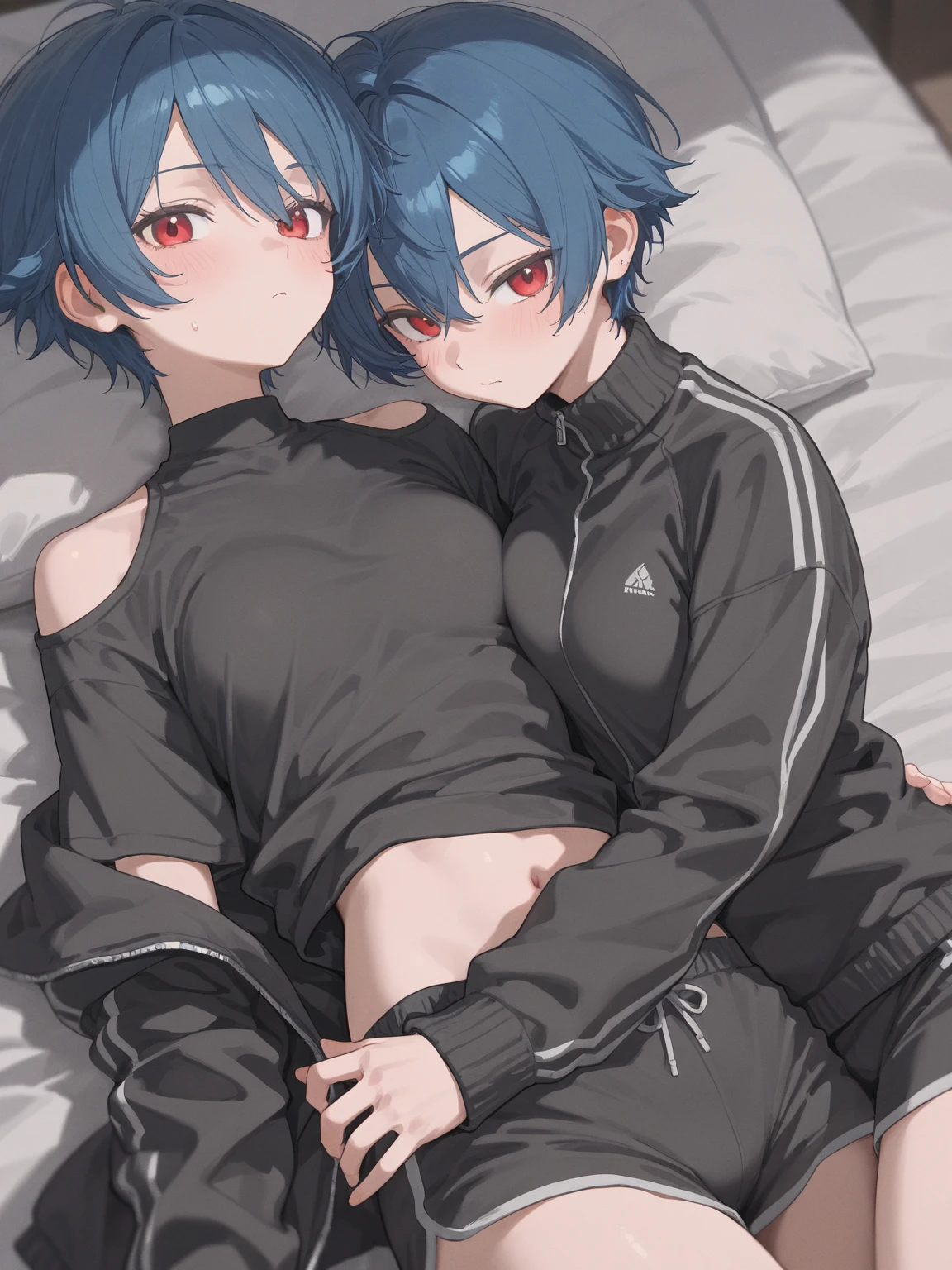 ( Shark, furry, anthropomorphic, blue skin, whole body, Best quality, human like body figure), female, bedroom background, inside, wearing thin black jogging shorts, wearing small black bra, Furry art, furry arms, big grey shark tail, Big floofy tail, black fur legs, Noon, blue hair, wearing glasses, Bigger thighs, Bigger chest, blushed, gas air effect, hearts, sitting on lap, leaning down, 1 hand in jogging shorts, pleasure face, sfw