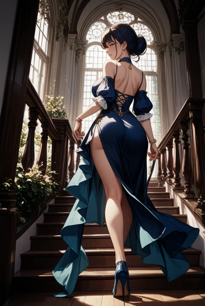 Lara Croft from the game Tomb Raider in an evening dress in the tricolor of France